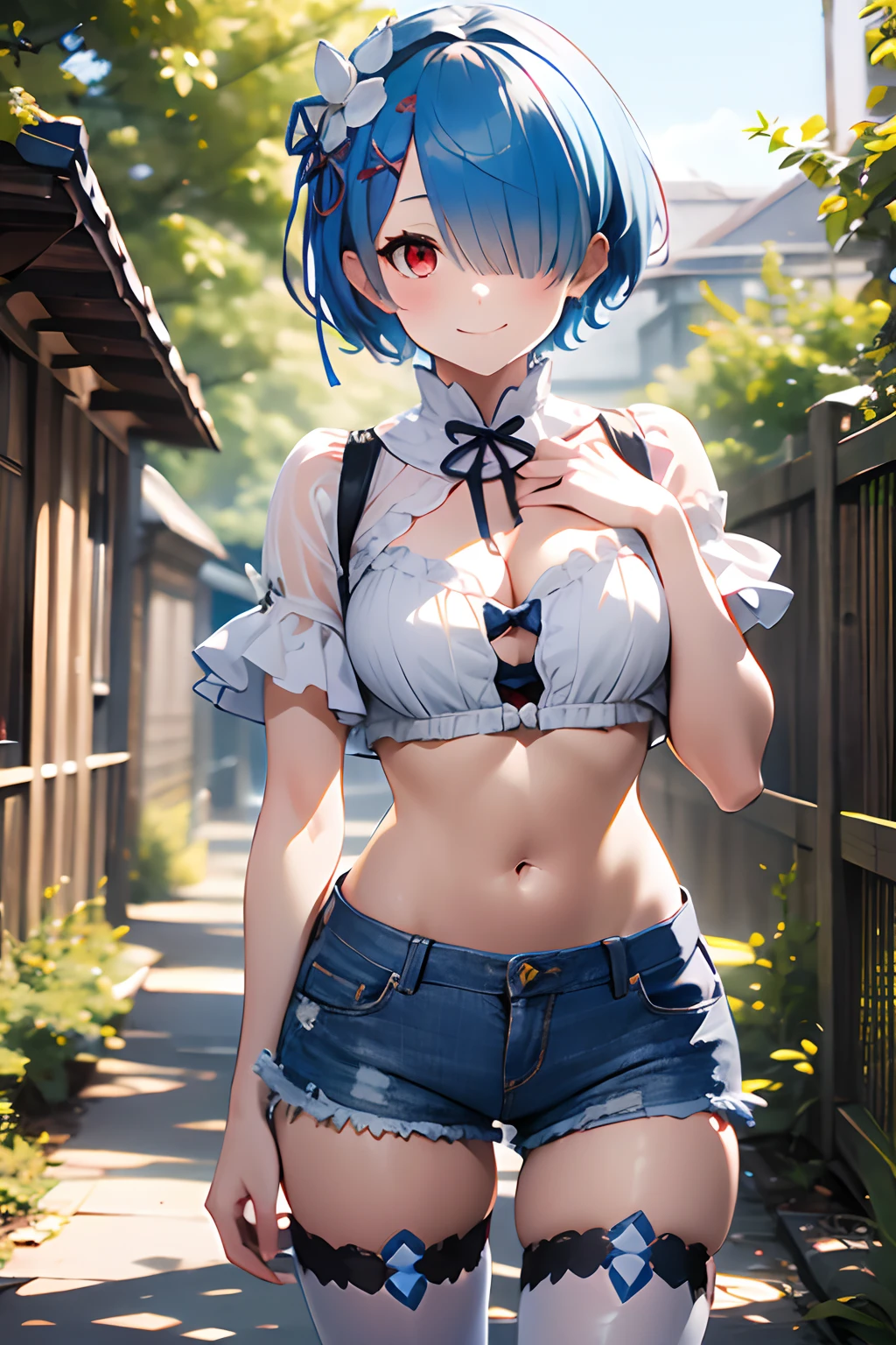 masterpiece, best quality, highres, ram1, 1girl, solo, rem \(re:zero\), blue hair, short hair, red eyes, hair over one eye, ribbon trim, hair ribbon, x hair ornament, frills, crop top white, denim shorts,medium breasts, cleavage, , hair flower, outdoor s, standing, smile, perfect background, perfect light