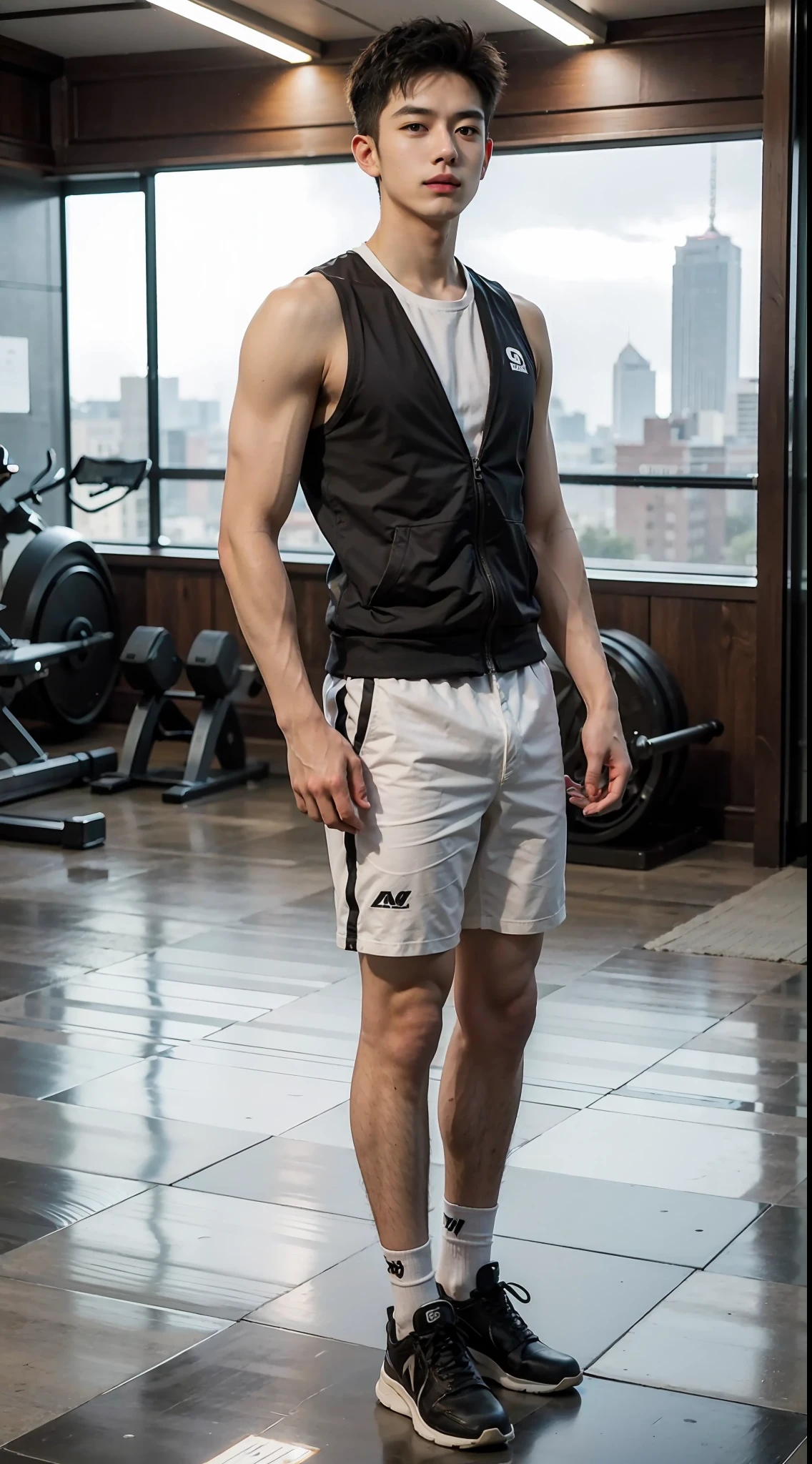 Best quality images, 超高分辨率, (realisticlying:1.4), tmasterpiece, Gym in the background,25 years old boy, Young person , standing on your feet,Fair skin,grey vest, looking at viewert , sface focus,full body detailing,