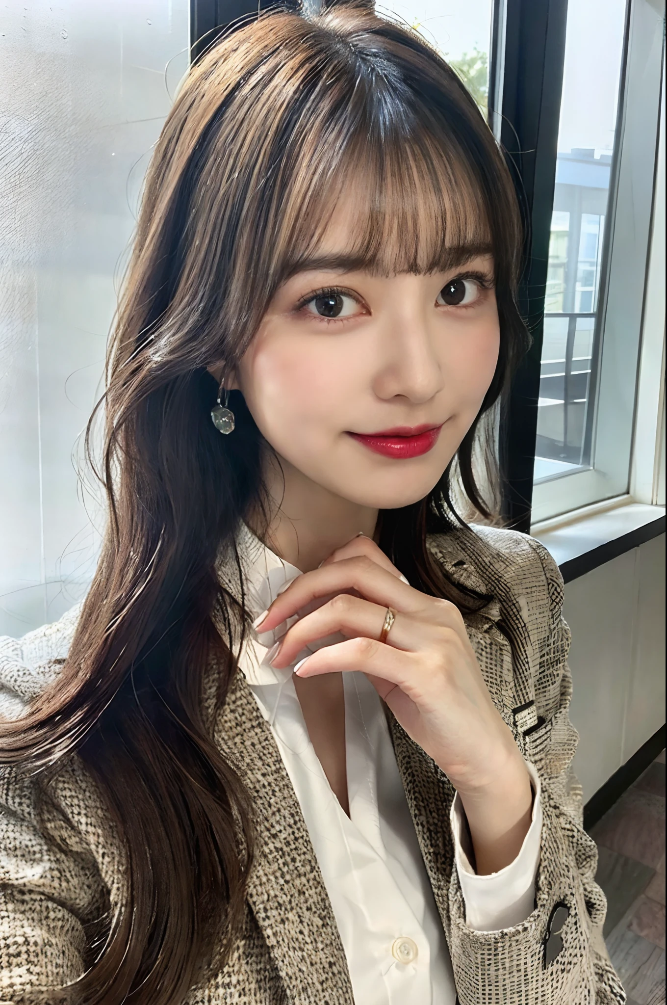(8k, RAW photo, best quality, masterpiece:1.2), ultra detailed, ultra high res, (realistic, photo realistic:1.37), portrait, high detail RAW color photo, professional photograph, an extremely delicate and beautiful, extremely detailed, 8k wallpaper, Amazing, finely detail, huge file size, official art, extremely detailed CG unity 8k wallpaper, extremely detailed beautiful girl, extremely detailed face, extremely detailed eyes, extremely detailed skin, extremely detailed fingers, extremely detailed nose, extremely detailed mouth, perfect anatomy, highly detailed background, extremely detailed clothing, 1girl, (20 years old:1.2), cute girl, famous, japanese idol, kawaii, realistic body, shiny skin, good figure, white hair, Medium hair, (blunt bangs:1.2), smile, cute, young, cute face, realistic face, beautifully detailed eyes, drooping eyes, (office suit, by the window :1.4),(from bloomers) (hair ornaments:1.2), face the front, kneel on ground, resting your hands on your things, with a captivating stare, large breasts, large breasts, a close-up shot, full body, beautiful legs, white shirts, skinny pants, office girl, transparent clothes,