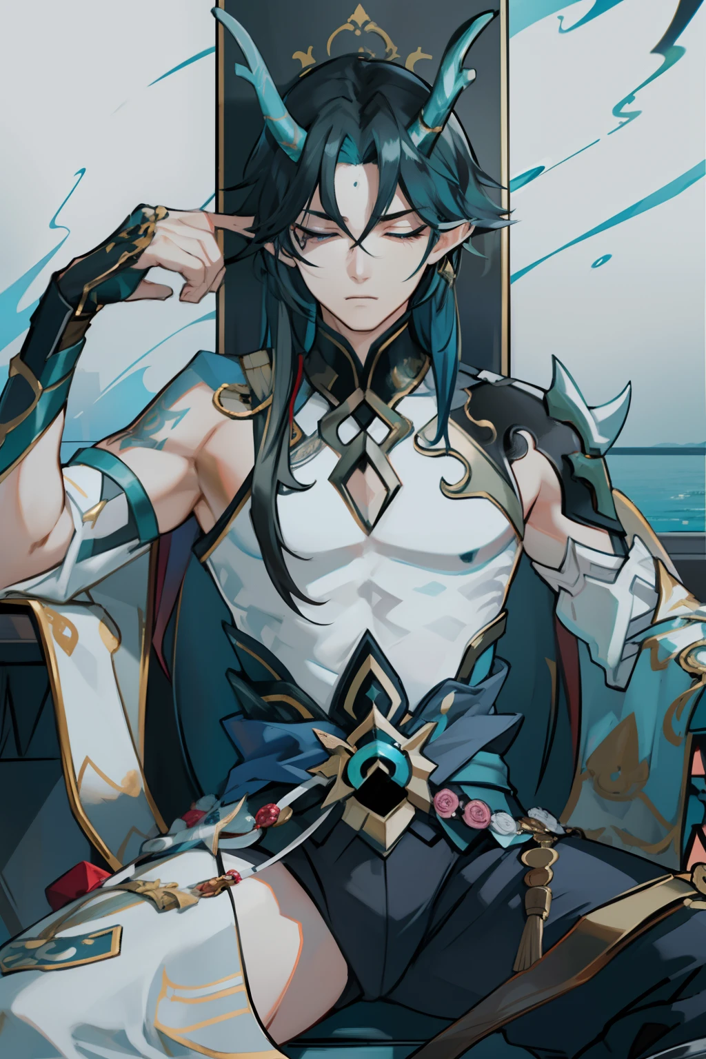 (absurderes,A high resolution,Hyper-detailing,hdr),Dragon's horn,younge boy,tmasterpiece,best qualtiy,1人,独奏,Handsome,Golden eyes,Fine eyes and detailed face,toppless,Tattooed with,arma,seated on a throne,apathy,arrogant,haughty,Abs,chest muscle,Raised sexy,Ruffian,Show your temperament,Male,masculine appeal,Male characteristics are distinct,Long messy hair,Arrogant self-confidence,Sitting majestically on the throne,Legs crossed,white pantie,supreme,Close your eyes and think,Lazy,(sleeping with closed eyes)(Too sleepy,Can't open your eyes,Eyes ajar)