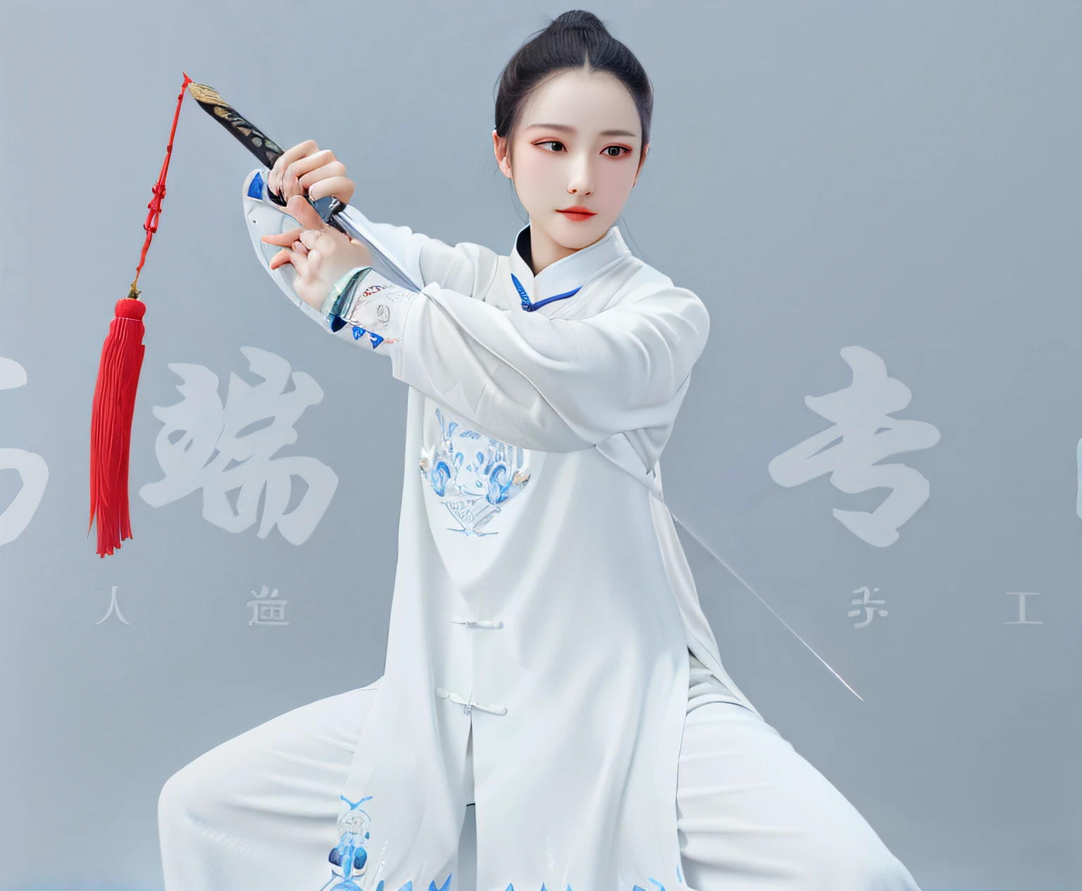 The Arad woman dressed in white holds a sword， Inspired by Seki Dosheng, with acient chinese clothes, traditional tai costume, Traditional Chinese clothing, White Hanfu, style of guo hua, white daoist robes, inspired by Ma Quan, in style of pan ren wei