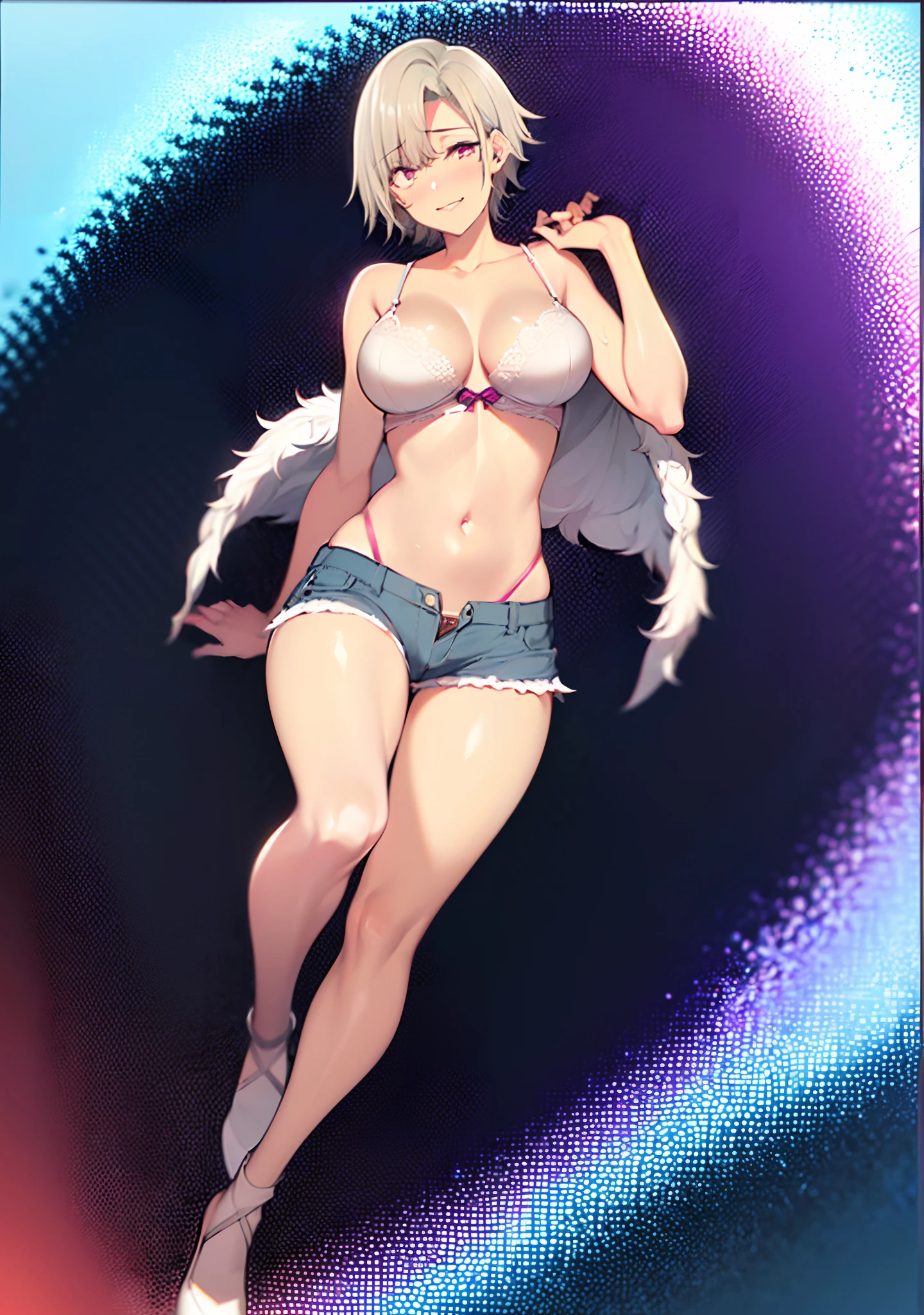 ((((masterpiece, best quality, high resolution)))), 1girl, white hair, short wavy hair, purple eyes, slender body, average breasts, blush, light smile, glow, thighs, bare shoulders, collarbone, narrow waist, cleavage, (beautiful detailed face, beautiful detailed eyes), (oversized short faux fur coat, white lace bra, ripped denim shorts, high heels),