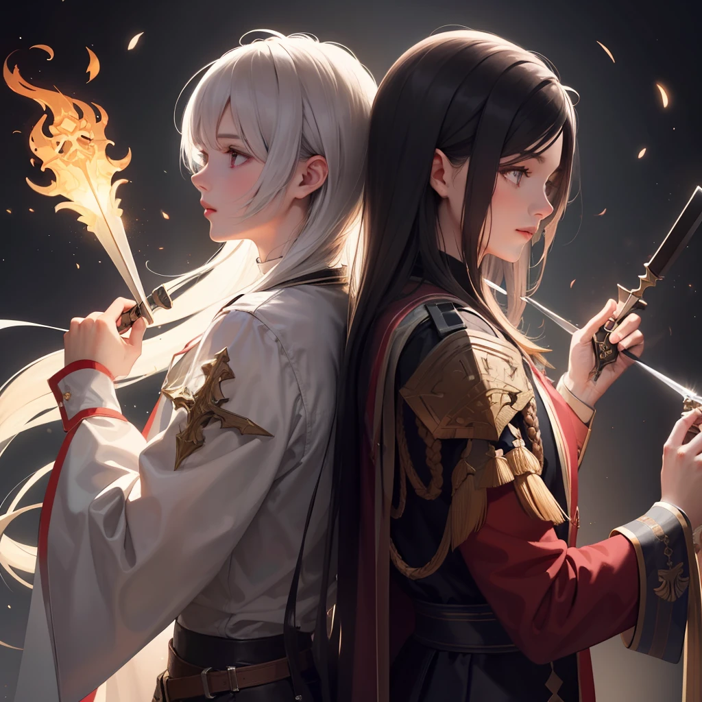 A man with long hair，A man with short hair，back-to-back，sideface，Delicate facial features，Department of Fantasy，Light and darkness，magia，alchemic，Background with，The dagger crosses with the pistol，Soul floats，Dual personality，