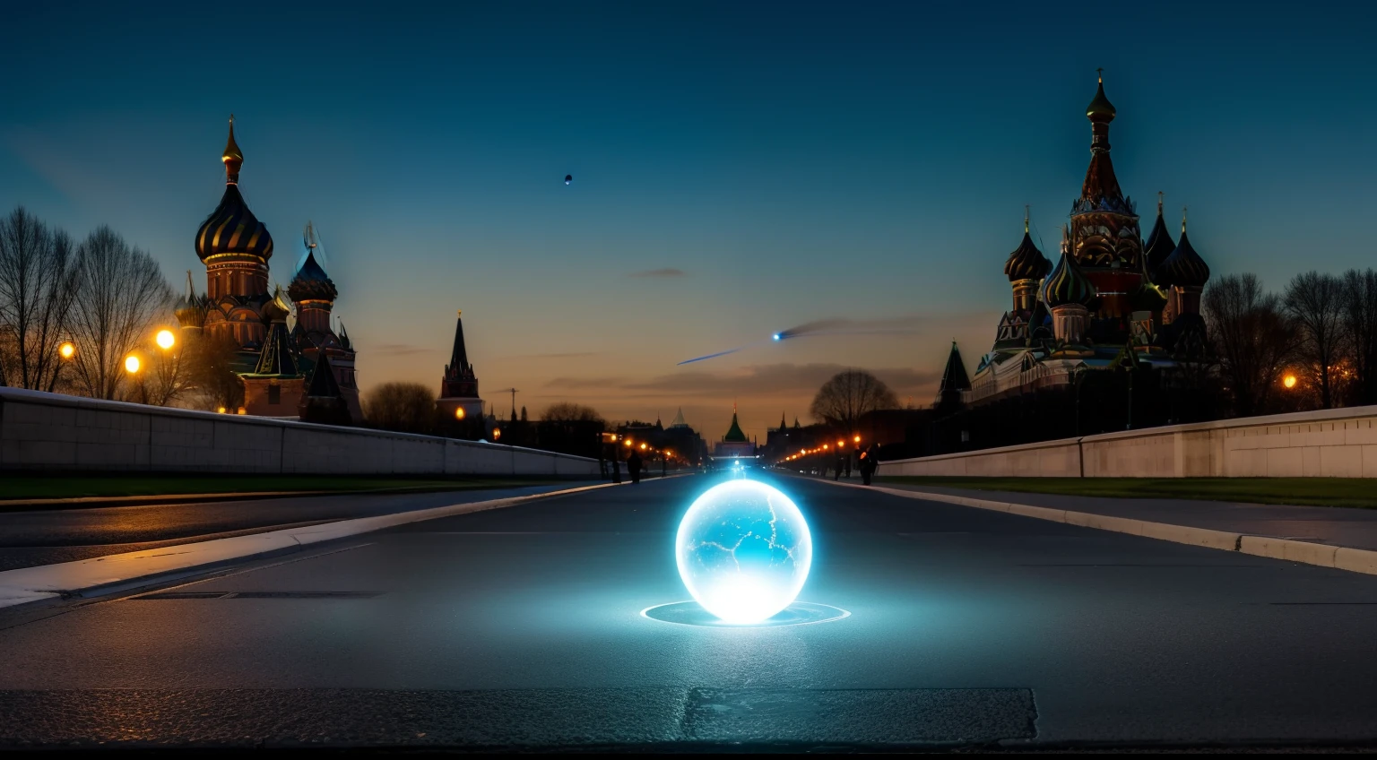 The teleportation effect in the form of a blue sphere appears near the Kremlin on the ground,Electric beams of energy fly nearby