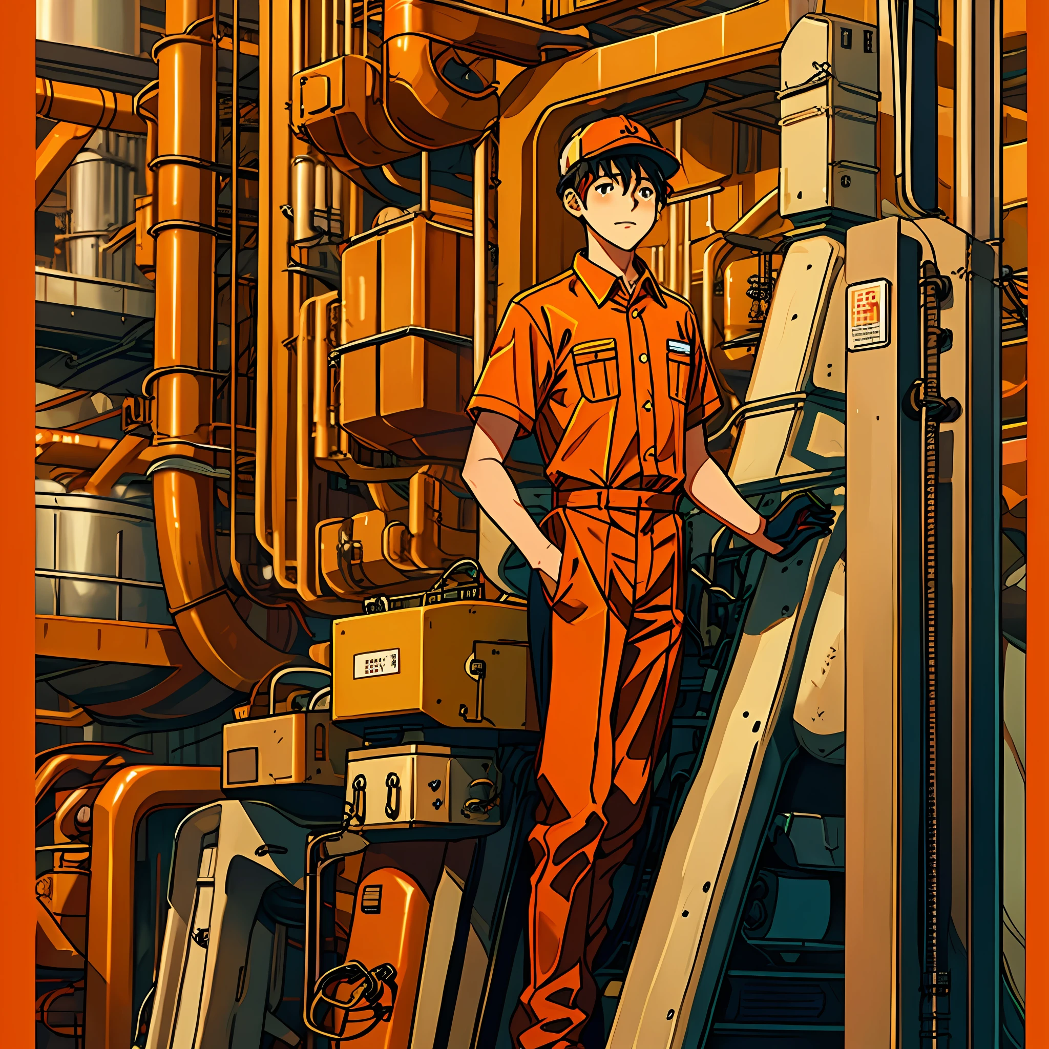A boy with factory uniform and hat, orange color
