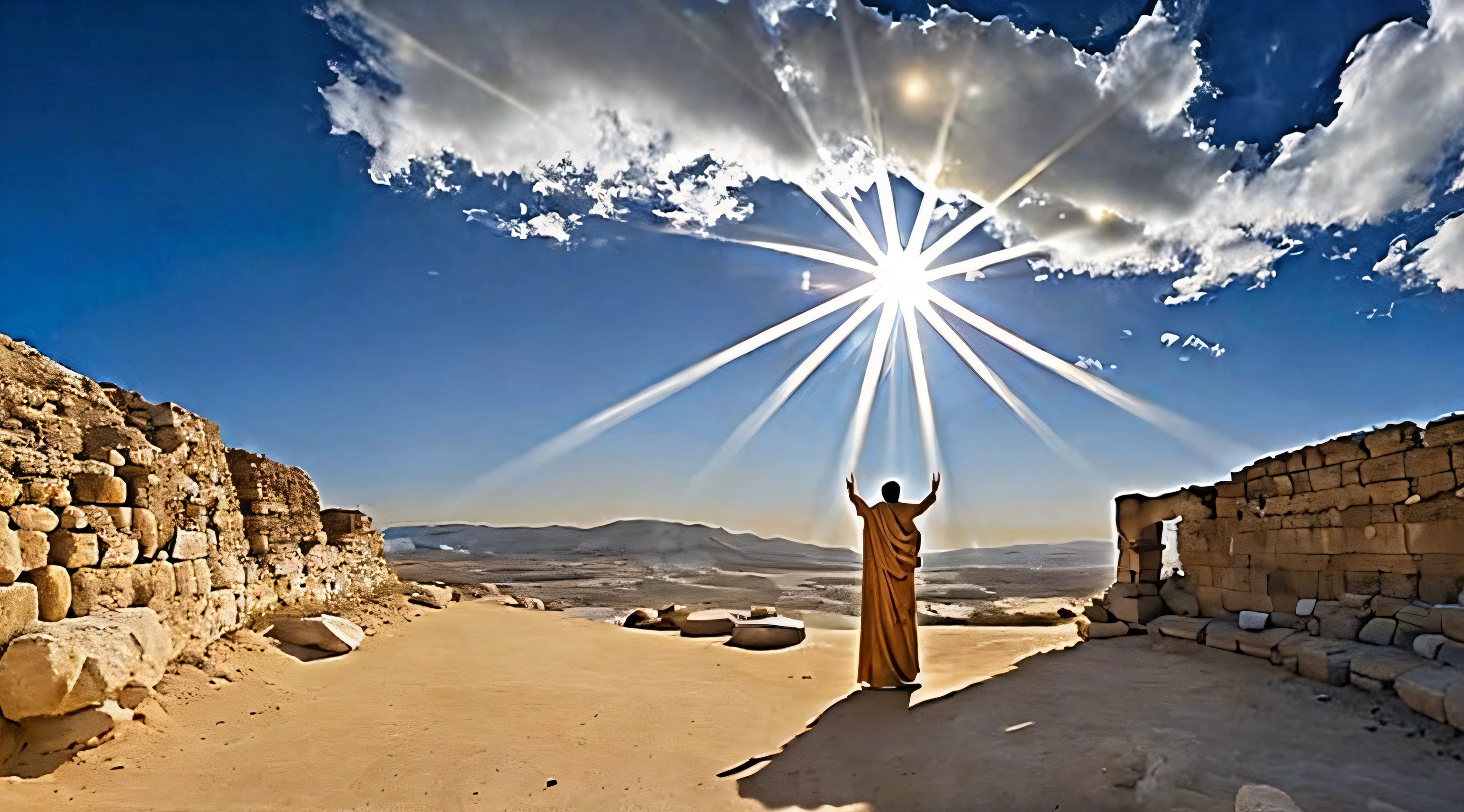 Ancient Israel、1st century、Wasteland、Sacred Light from Heaven、Man praying to God with open arms、