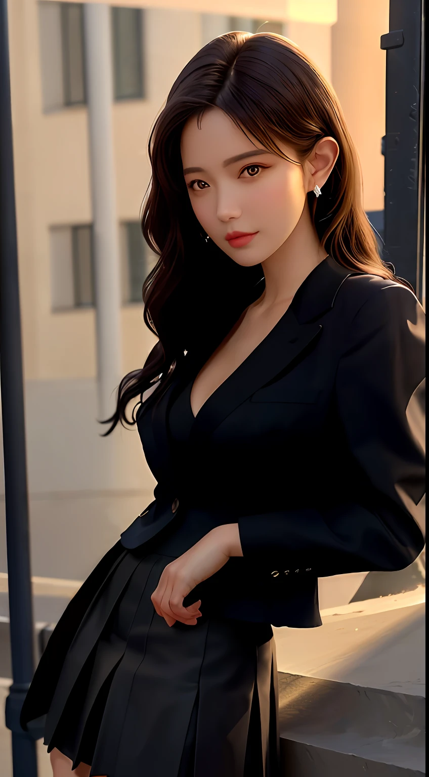 best quality, masterpiece, 1girl, Beautiful face, (photo realistic:1.3), rim lighting, (high detailed skin:1.2), 8k uhd, dslr, high quality, high resolution, 4k, 8k, Bokeh,  absurdres, best ratio four finger and one thumb, (realistic:1.3), cute 1girl, wearing black formal blazer, medium breasts, short skirt,