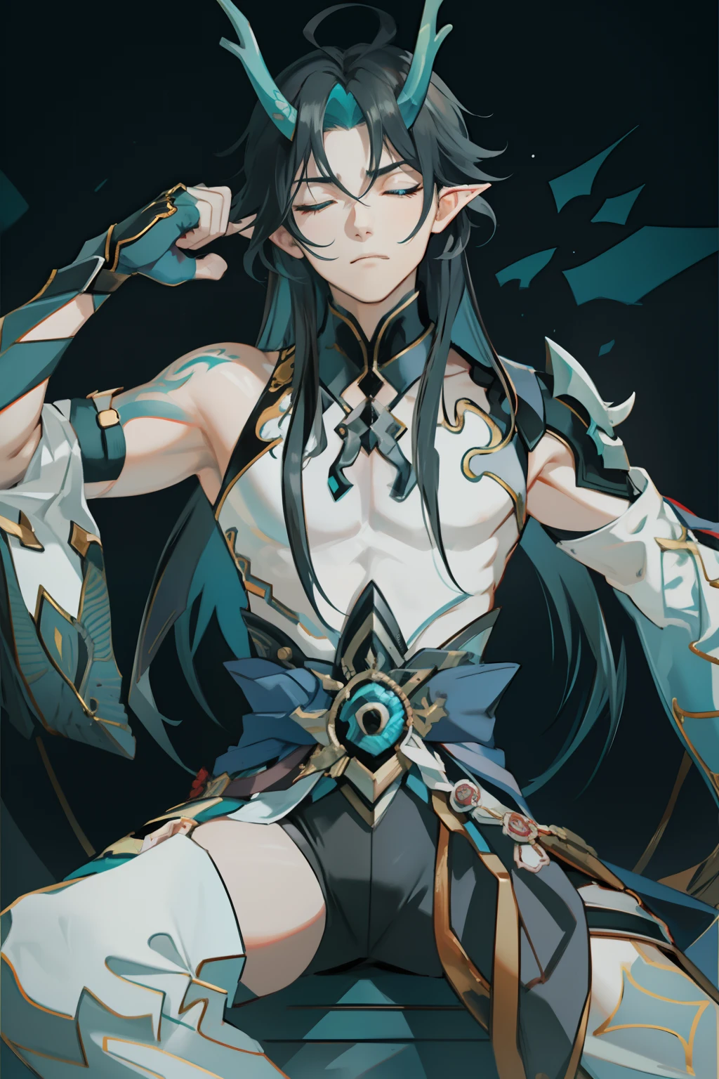 (absurderes,A high resolution,Hyper-detailing,hdr),Dragon's horn,younge boy,tmasterpiece,best qualtiy,1人,独奏,Handsome,Golden eyes,Fine eyes and detailed face,toppless,Tattooed with,arma,seated on a throne,apathy,Arrogant,haughty,Abs,chest muscle,Raised sexy,Ruffian,Show your temperament,Male,masculine appeal,Male characteristics are distinct,Long messy hair,Arrogant self-confidence,Sitting majestically on the throne,Legs crossed,white pantie,supreme,Close your eyes and think,Lazy,(sleeping with closed eyes)(Too sleepy,Can't open your eyes,Eyes ajar)(One leg rests on the other)
