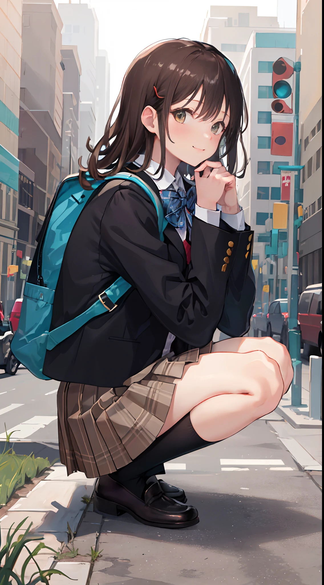 1girl, Two legs, Two hands, Bigger than the building, Masterpiece, Best quality, 1girll, Solo, Skirt, bag, Outdoors, Jacket, crouched, Socks, shoes, view the viewer, brown foot wear, school uniform, tartan, Loafer shoes, Blazer, Brown hair, plaid skirts, Black socks, Long sleeves, bangs, Open clothes, Open jacket, bow, Brown eyes, Pleated skirt, neck bowtie, day, Long hair, full body, Bush, Red bow, knee highs, shirt, Closed mouth, sleeves past wrists, Backpack, hand on own face, red bowtie, Black jacket, bookbag, Blush, plant, Brown skirt, hand on own cheek, Blurry, From the side Side, Hand up, Looks to the side, Collared shirt, Miniskirt, White shirt, Cardigan, Grass, Sweater, Light smile, Naughty, Anatomically correct, Textured skin, GTSCity, Destroyed buildings, City model,