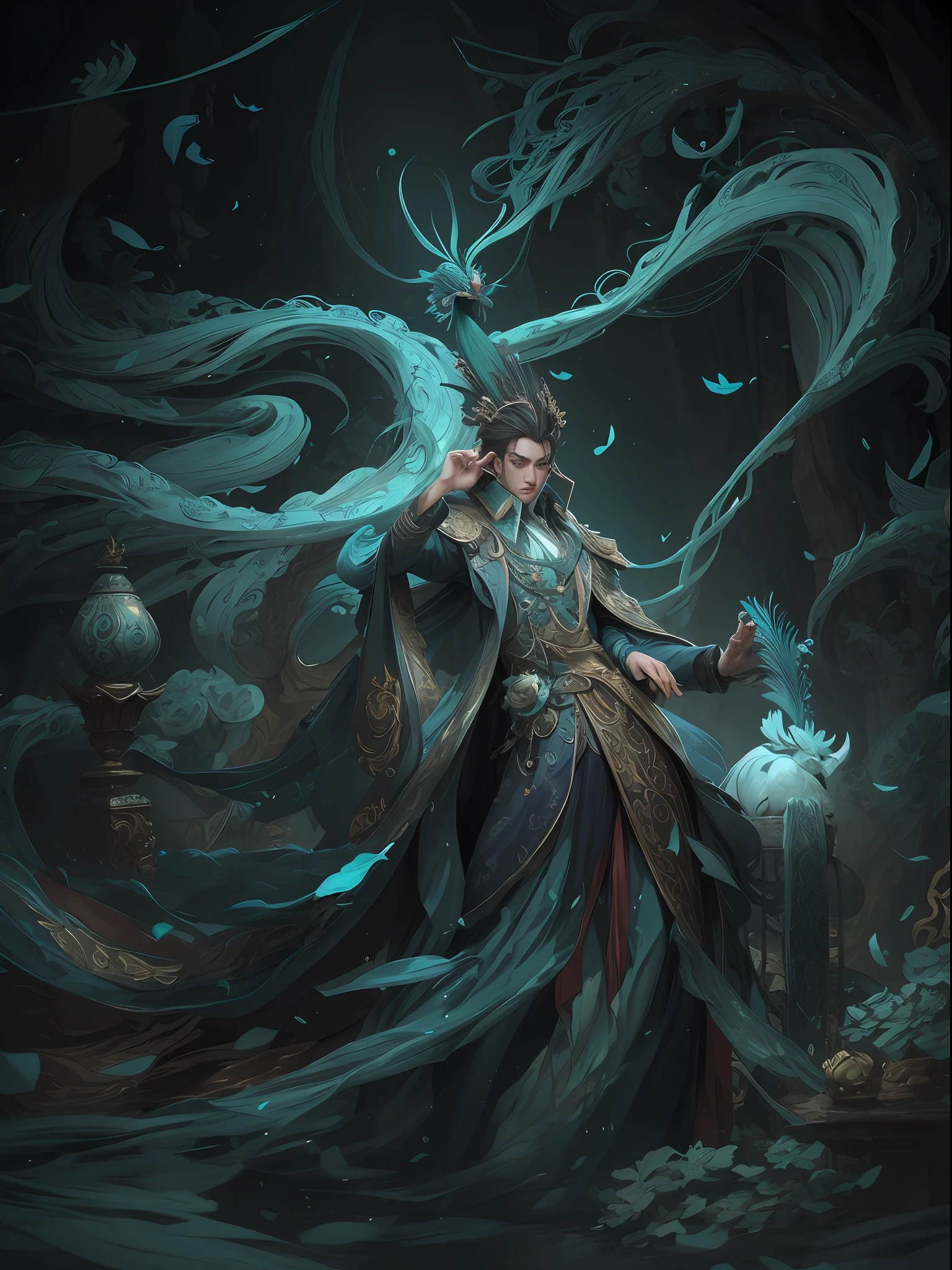 A man,Wu Yifan,shoun,Peacock clothes,opulent,Exposing the pectoral muscles,Clothes are,blue,Light green and white,mythical character,Moire,floated hair