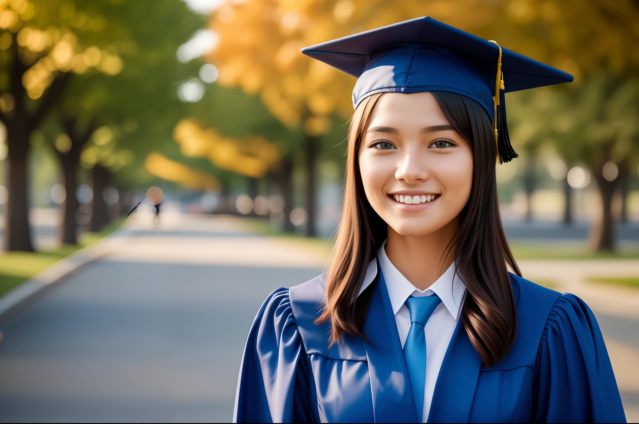 a freshly graduated student, standing in front of university, happy face, wearing graduated hat, high_resolution, photorealistic, 8k, HDR, bright image