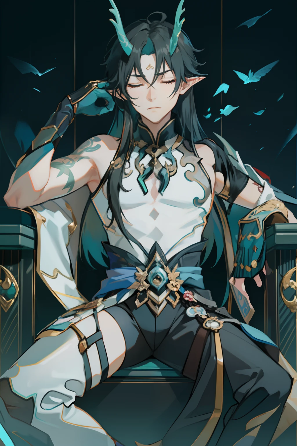 （absurderes，A high resolution，Hyper-detailing，hdr），Dragon's horn，younge boy，tmasterpiece，best qualtiy，1人，独奏，Handsome，Golden eyes，Fine eyes and detailed face，toppless，Tattooed with，arma，seated on a throne，apathy，Arrogant，haughty，Abs，chest muscle，Raised sexy，Ruffian，Show your temperament，Male，masculine appeal，Male characteristics are distinct，Long messy hair，Arrogant self-confidence，Sitting majestically on the throne，Legs crossed，white pantie，supreme，Close your eyes and think，Lazy，（sleeping with closed eyes）（Too sleepy，Can't open your eyes，Eyes ajar）（One leg rests on the other）