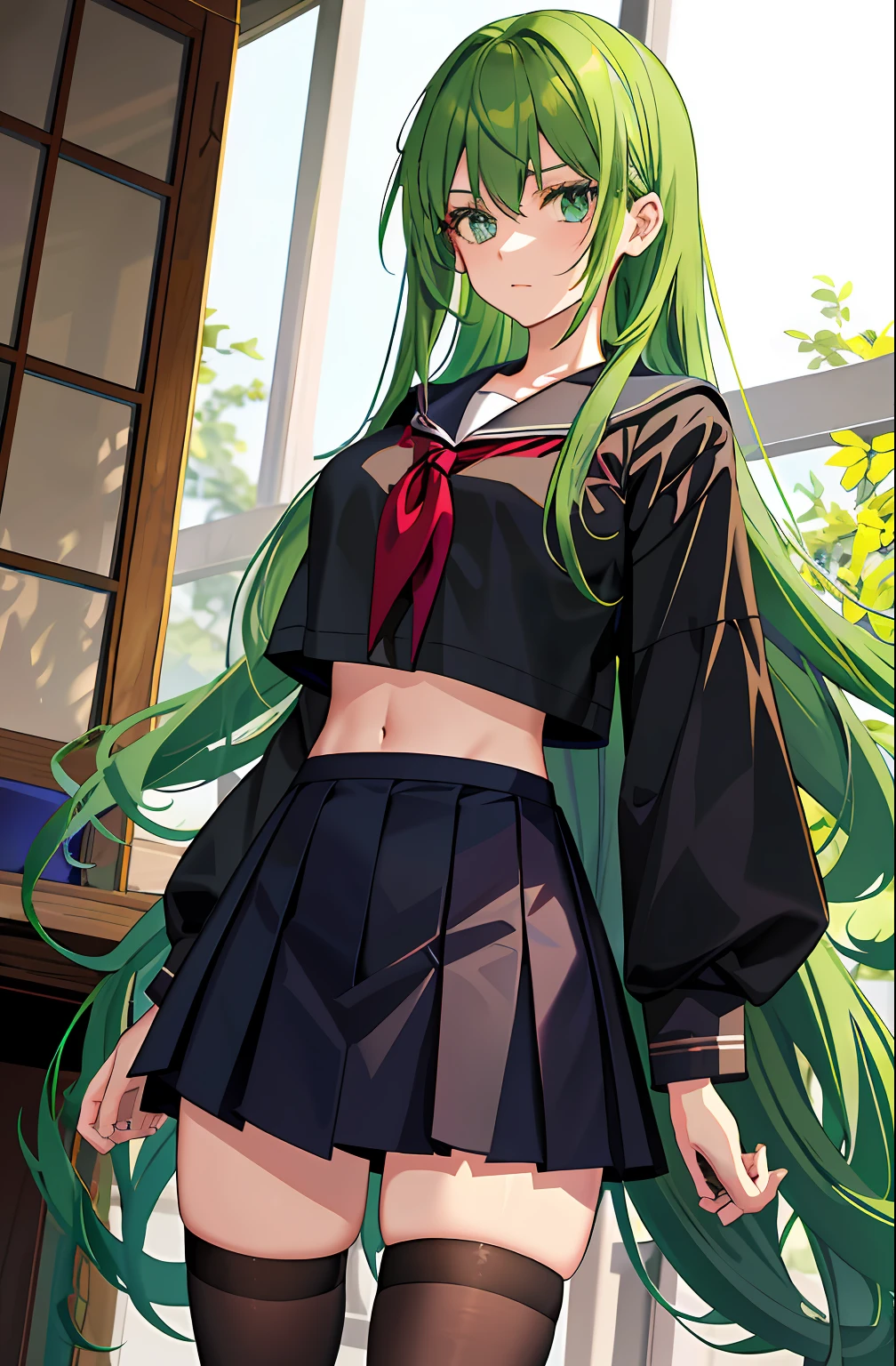 Kizi， highr， high school senior，pupils，Green hair，Green hair color，Bluish cast， Open chest and ，Blue_and_Green hair， Detailed beautiful eyes，navy blue eyes， evilsmile， medium boob， Onavel，Bigchest ，Big breasts，Tsundere，haughty，medium thigh，Fleshy legs， Long legs，校服， Japan School Uniform，JK school uniform，Long black stockings， Detailed clothes， tmasterpiece,charact，Dejected