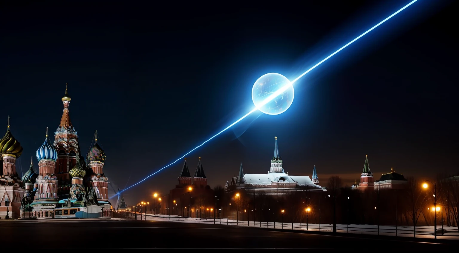 The effect of teleportation in the form of a blue sphere appears near the Kremlin on the ground,Electric beams of energy fly nearby