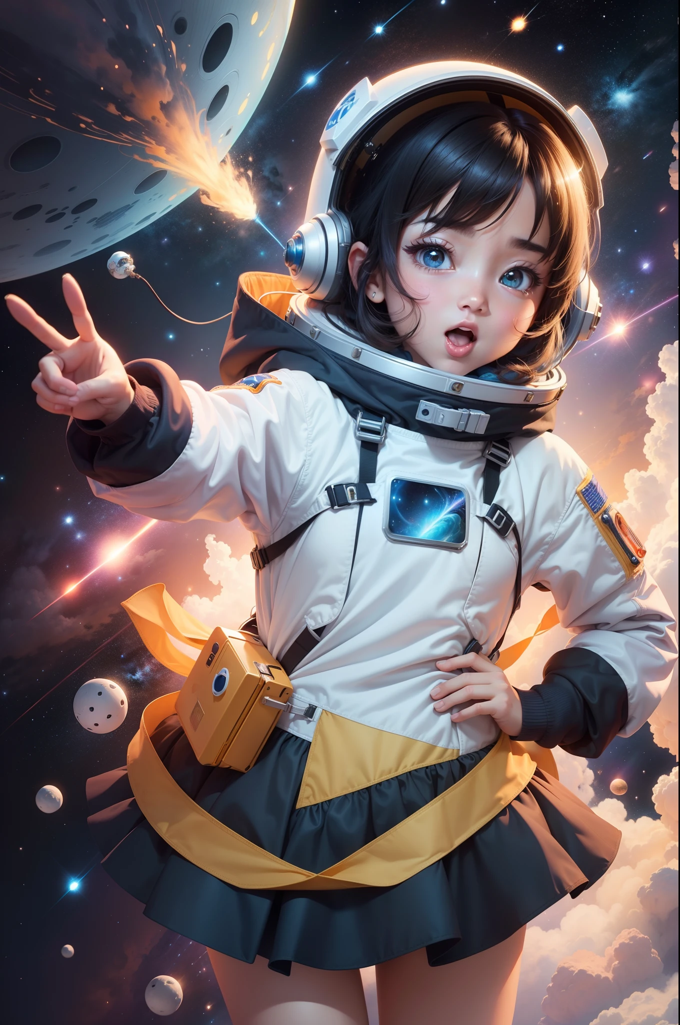 A cute cartoon girl shouts funny emojis with open hands,Cast magic with a magic wand,Wear a space helmet,clothed in space suit,Space meteors,Extreme sci-fi scenarios,perfect compositions,Warm and cold contrasting colors are comfortable,Hayao Miyazaki anime style,Very healing HD picture quality