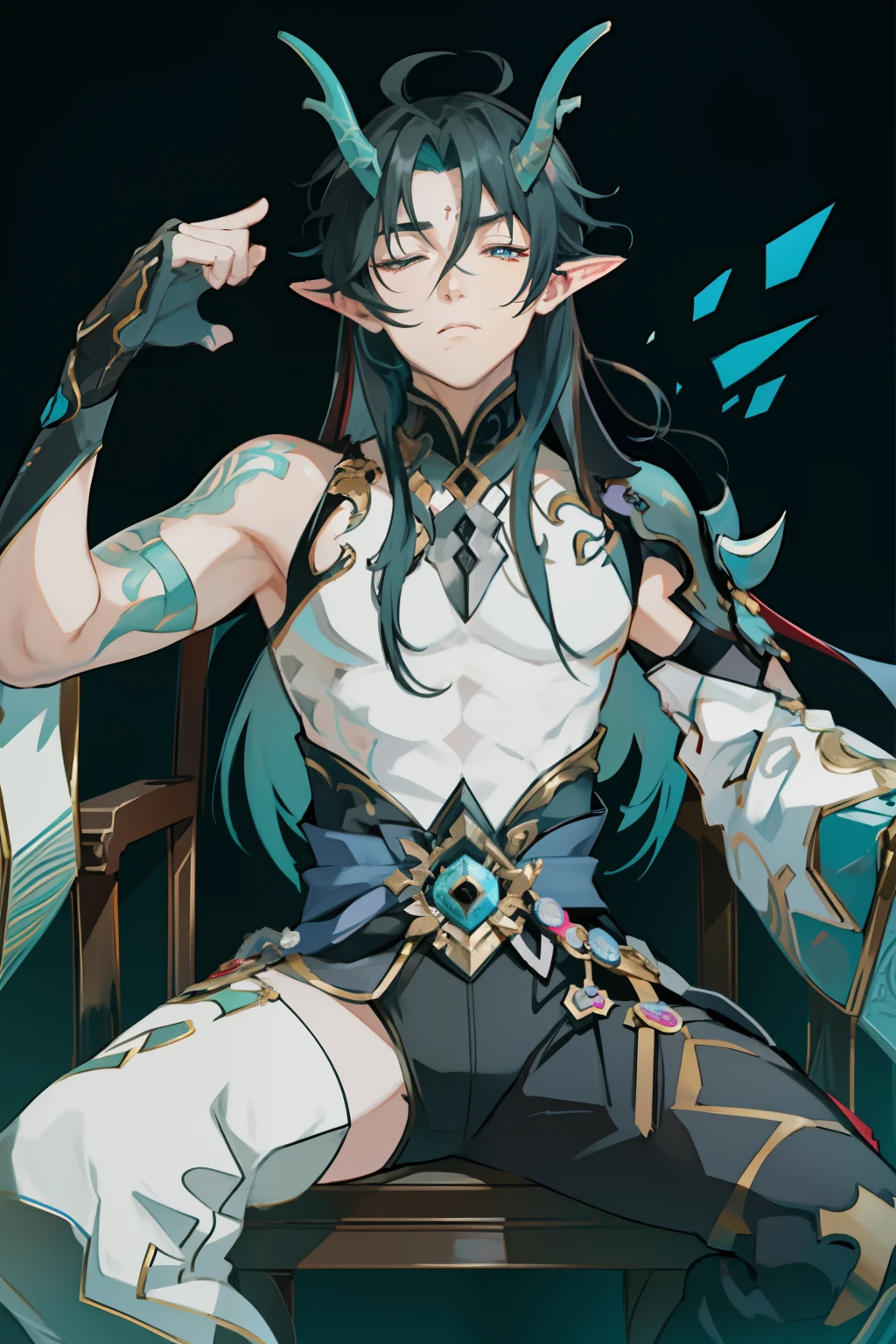 (absurderes,A high resolution,Hyper-detailing,hdr),Dragon's horn,younge boy,tmasterpiece,best qualtiy,1人,独奏,Handsome,Golden eyes,Fine eyes and detailed face,toppless,Tattooed with,arma,seated on a throne,apathy,Arrogant,haughty,Abs,chest muscle,Raised sexy,Ruffian,Show your temperament,Male,masculine appeal,Male characteristics are distinct,Long messy hair,Arrogant self-confidence,Sitting majestically on the throne,Legs crossed,white pantie,supreme,Close your eyes and think,Lazy,(sleeping with closed eyes)(Too sleepy,Can't open your eyes,Eyes ajar)(One leg rests on the other)
