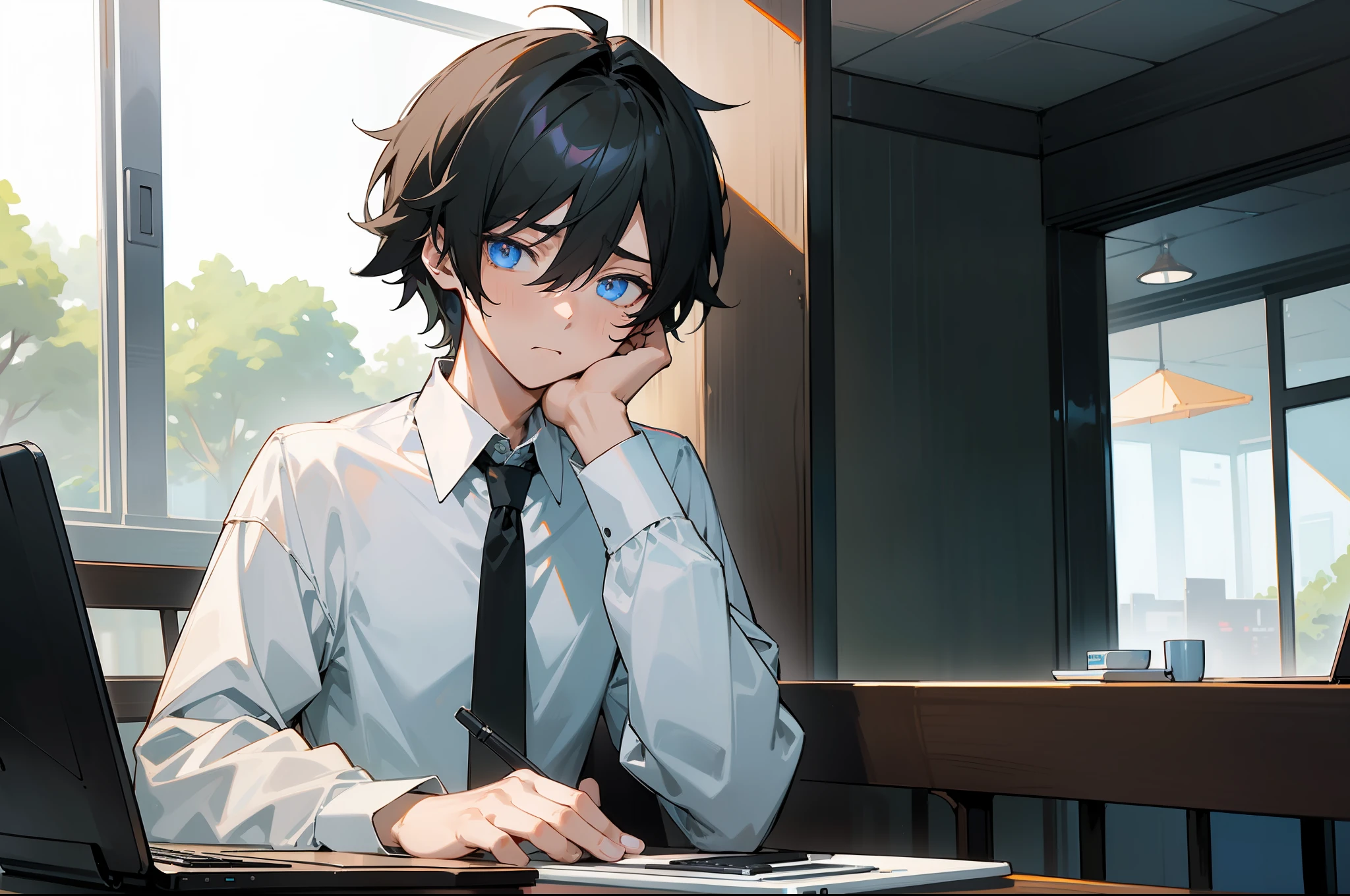 Inside the café、((I use a laptop)),((male people))、(Anime boy with a troubled face)、pondering、Looking at a computer screen、20yr old、Upper body, mid-shot,(front facing)、male people, Detailed eyes,A dark-haired、plain white shirt、neck tie、Long sleeves,、frontage、