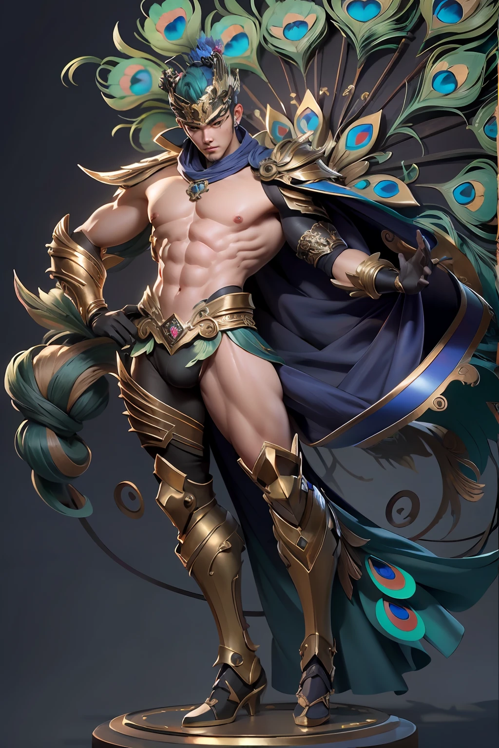 Sculpture design,Figures,GK model,The whole body of the character,Peacock decoration,The character fuses with the peacock,Expose muscles,(Exquisite base),Wu Yifan,Handsome cybernetic boy looking at camera lingerie detailed muscular reality masterpiece,musculous