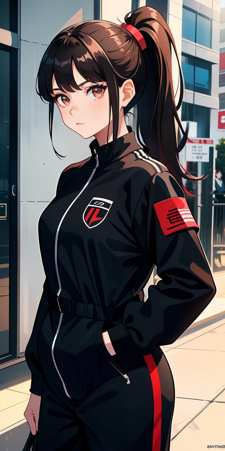 (tmasterpiece:1.2,best qualtiy),(Fine beautiful eyes:1.2),A girl with a brown ponytail,Black colored eyes,,only 1girl,20yr old,Black red DVA jumpsuit