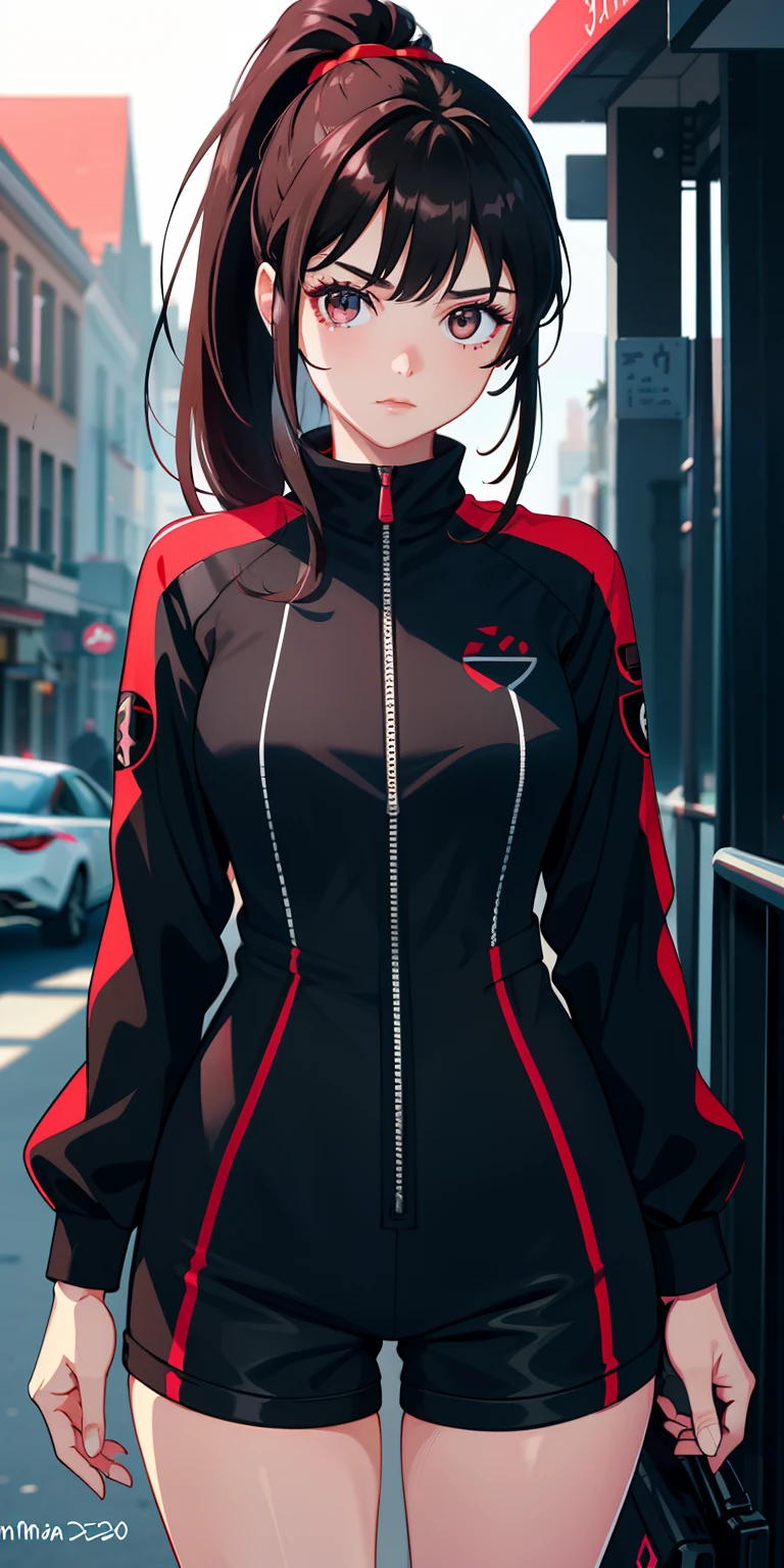 (tmasterpiece:1.2,best qualtiy),(Fine beautiful eyes:1.2),A girl with a brown ponytail,Black colored eyes,,only 1girl,20yr old,Black red DVA jumpsuit