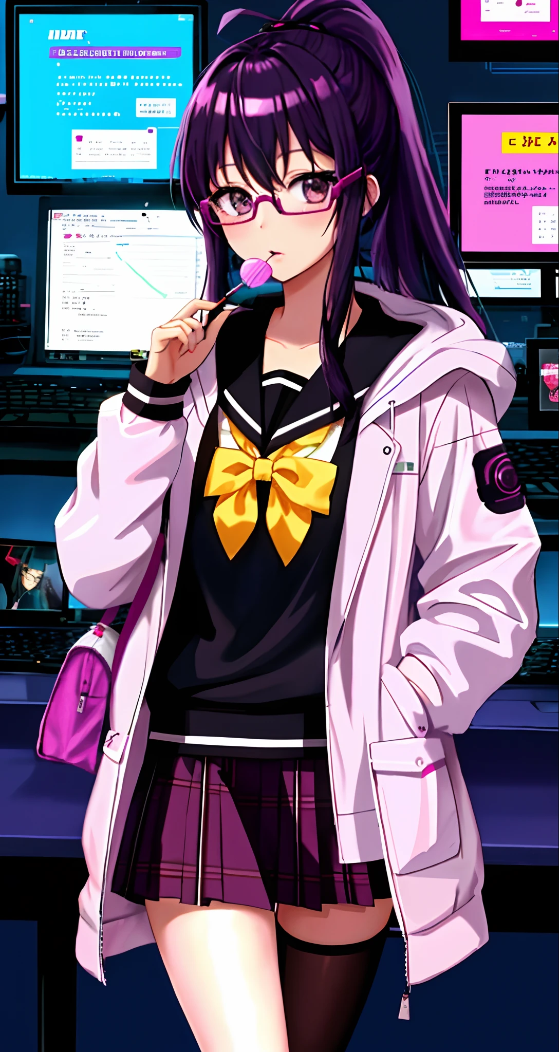 (Best picture quality),(tmasterpiece),wears glasses,Very big chest,The most exquisite high school girl,With a lollipop in his mouth,The computer system is being hacked,Cloaked,extremely detaile:1.3,Hinata Hinata,cyber punk style,Delicate short skirt,High ponytail,Campus neon controller
