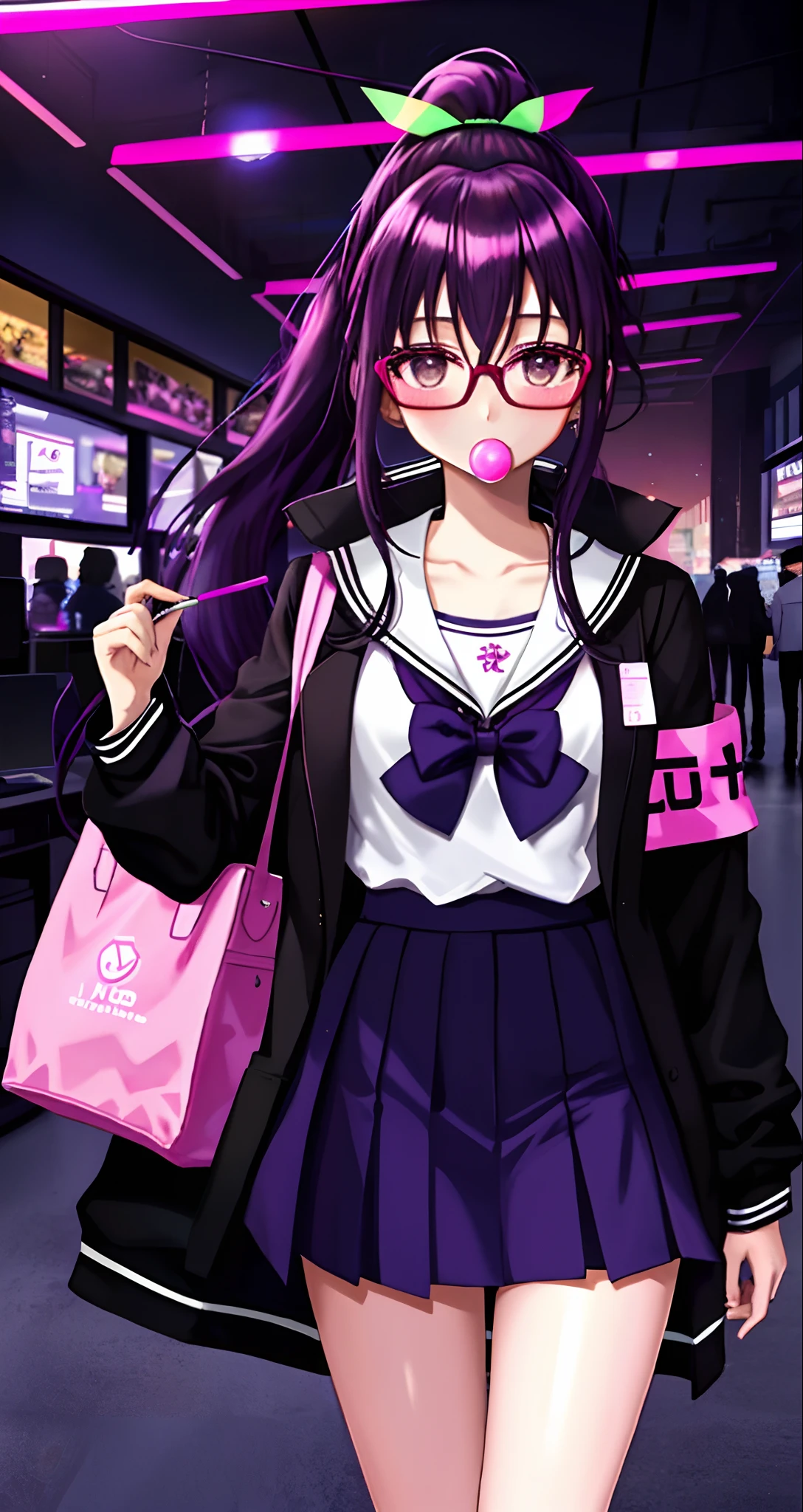 (Best picture quality),(tmasterpiece),wears glasses,Very big chest,The most exquisite high school girl,With a lollipop in his mouth,The computer system is being hacked,Cloaked,extremely detaile:1.3,Hinata Hinata,cyber punk style,Delicate short skirt,High ponytail,Campus neon controller