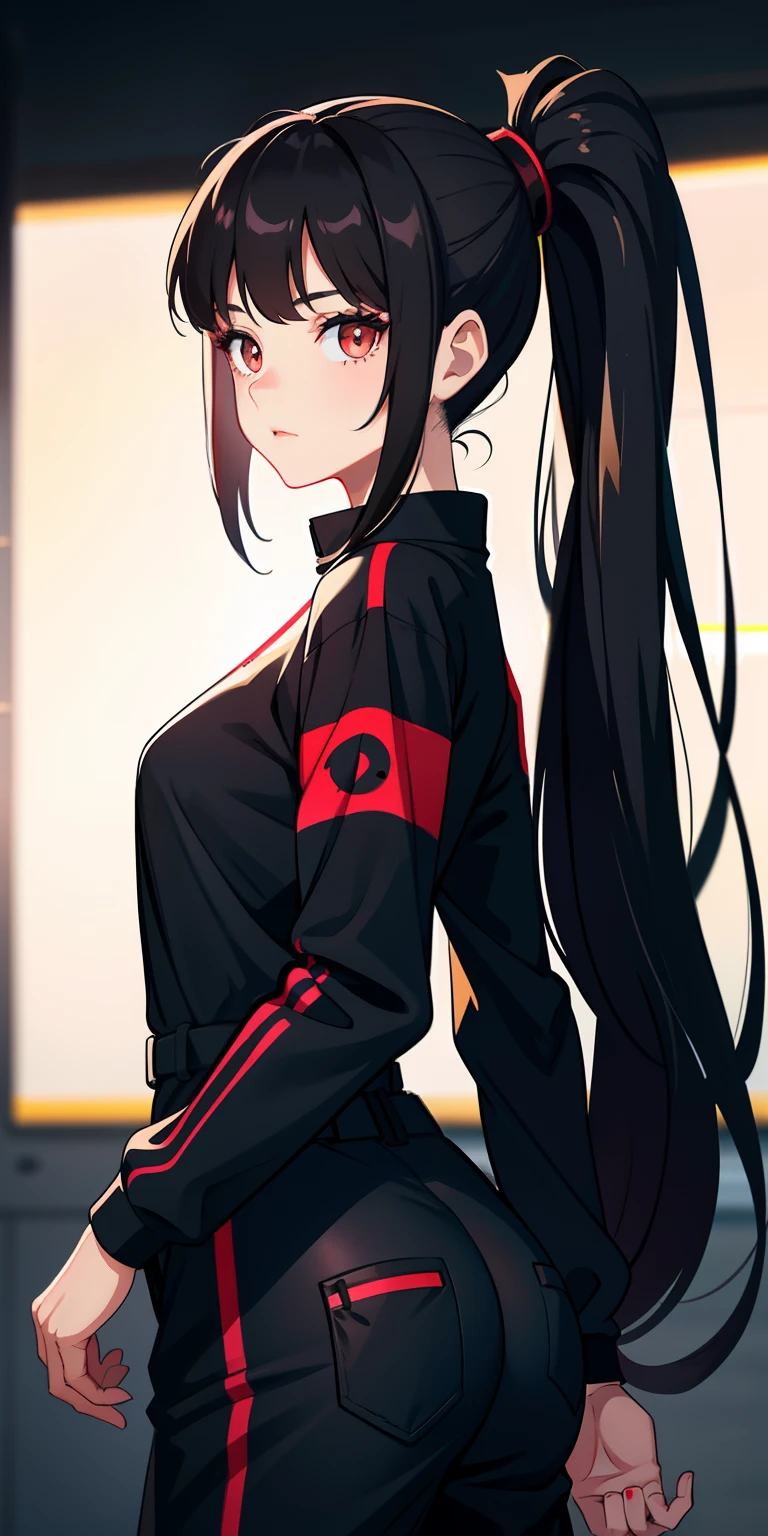 (tmasterpiece:1.2,best qualtiy),(Fine beautiful eyes:1.2),A girl with a brown ponytail,Black colored eyes,,only 1girl,20yr old,Black red DVA jumpsuit