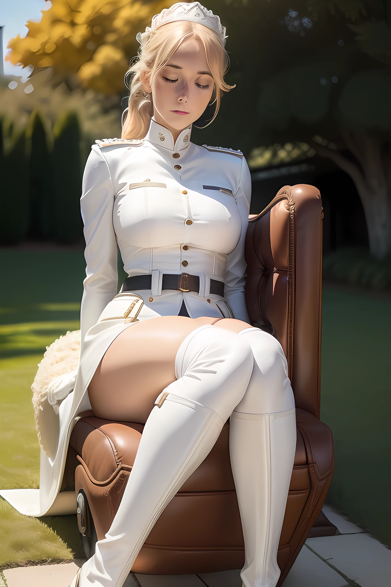 Beautiful blonde girl，Wearing a white navy uniform，long gloves，Short white dress，White over-the-knee leather boots，Sitting on the back of a reddish-brown war horse，Stroll on the lawn，With his eyes closed，Whole body diagram