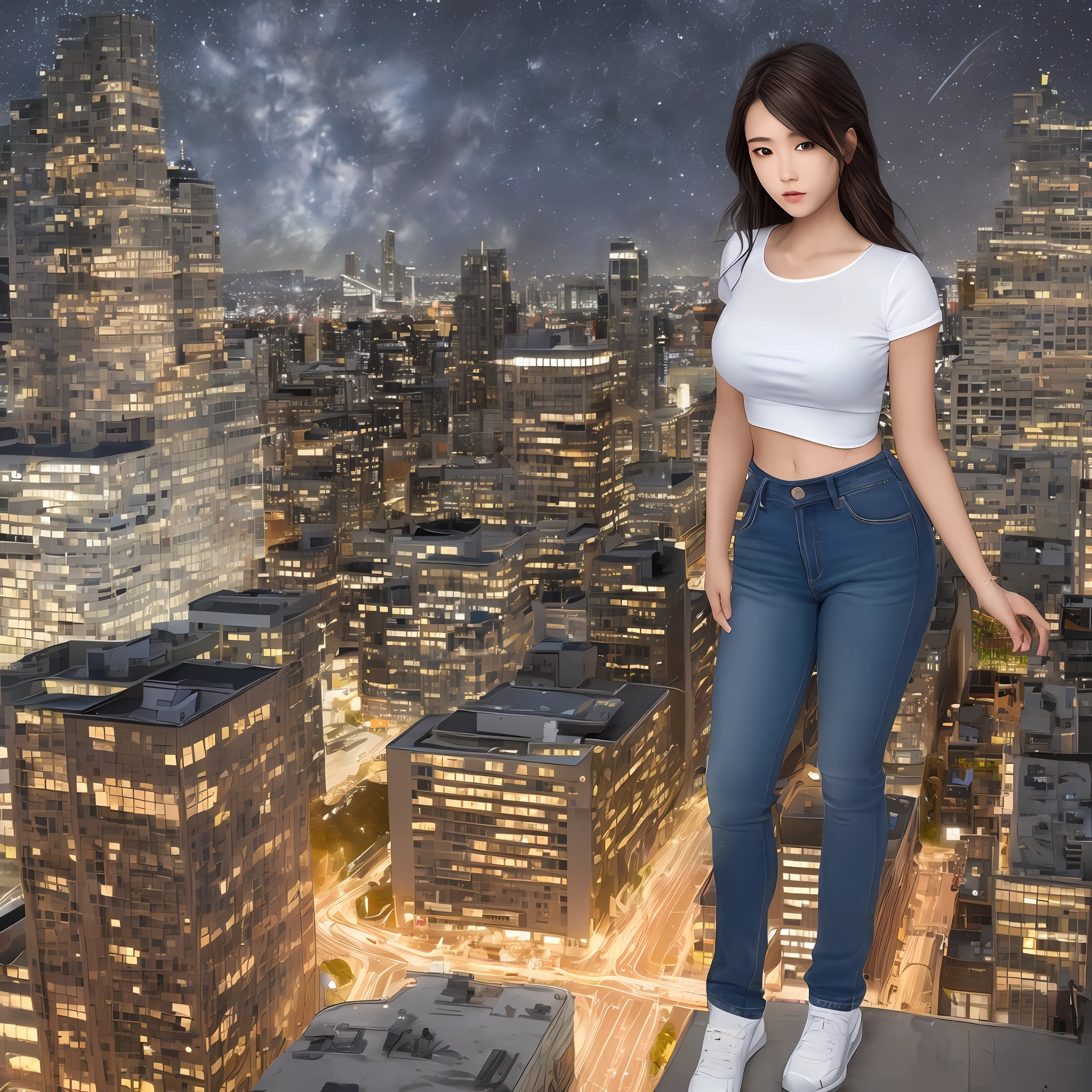 (Midnight, Acura, 8K, Masterpiece: 1.3)), Full body, Long legs, Focal length: 1.2, Perfect Body Beauty: 1.4, Slim Abs: 1.1, ((Dark Brown Hair, Big Breasts: 1.2 )), (White Skinny T-shirt, Denim Suspenders, Standing: 1.2), ((City Night, Roof: 1.3)), Highly detailed face and skin texture, Fine eyes, Double eyelids