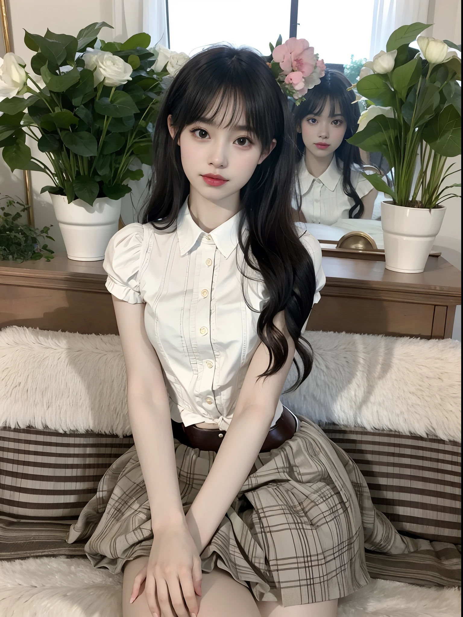 young girl, long hair realistic, vivid image, masterpiece, (best quality: 1.2), ultra detail, realistic, hd, high quality, cinematic light, ray tracing, ultra high resolution, uhd, (ultra realistic: 1.5,), intricate detail, detailed texture, fine detail, high quality shadows, beautiful skirt, full body, standing, sexy pose, seductive pose, thin buttocks, long legs, small breasts, black silk, background restaurant