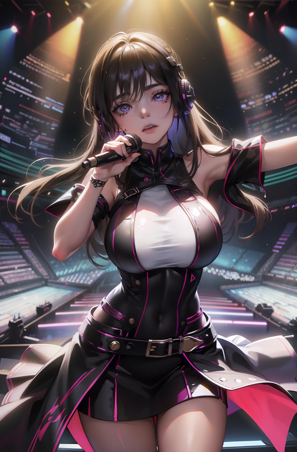 Male singer, Star idol, Stage costumes, standing on a stage, Pick up the microphone., stage lighting, Spin the stage, anime big breast, hyper HD, Highly detailed singer, microphones, Earphone, goggles, Stage, Stage costumes, RGB, (Sharp focus:1.2), Portrait, ((posing on a)), (Beautiful face:1.1), Detailed eyes, lusciouslips, ((skin indentation)), (bright studio lighting:1.2), HD singer styling, Round stage, Plenty of auditoriums, peeping at the viewer, Moles under eyes, Depth of field, Bokeh, Realism, Sparkle, god light, Textured skin, 4K, Textured skin, High quality