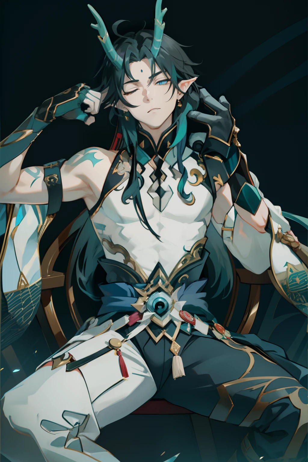 （absurderes，A high resolution，Hyper-detailing，hdr），Dragon's horn，younge boy，tmasterpiece，best qualtiy，1人，独奏，Handsome，Golden eyes，Fine eyes and detailed face，toppless，Tattooed with，arma，seated on a throne，apathy，Arrogant，haughty，Abs，chest muscle，Raised sexy，Ruffian，Show your temperament，Male，masculine appeal，Male characteristics are distinct，Long messy hair，Arrogant self-confidence，Sitting majestically on the throne，Legs crossed，white pantie，supreme，Close your eyes and think，Lazy（Too sleepy，Can't open your eyes，Eyes ajar）（Place one leg on the other）