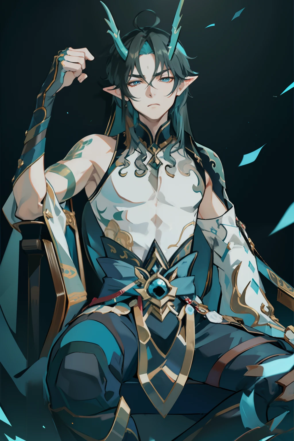 （absurderes，A high resolution，Hyper-detailing，hdr），Dragon's horn，younge boy，tmasterpiece，best qualtiy，1人，独奏，Handsome，Golden eyes，Fine eyes and detailed face，toppless，Tattooed with，arma，seated on a throne，apathy，Arrogant，haughty，Abs，chest muscle，Raised sexy，Ruffian，Show your temperament，Male，masculine appeal，Male characteristics are distinct，Long messy hair，Arrogant self-confidence，Sitting majestically on the throne，Legs crossed，white pantie，supreme，Close your eyes and think，Lazy，（Keep one eye open，Close one eye）