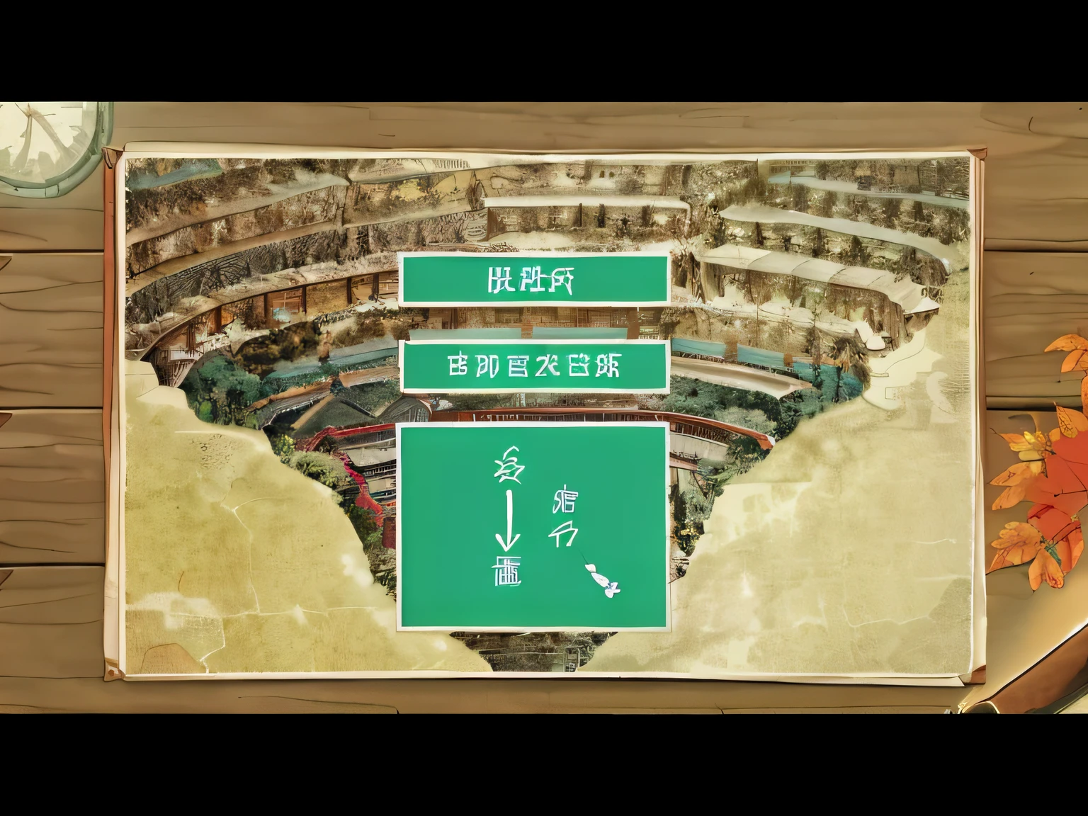 There is a picture of a building with a green sign, Chiba Yuda, library of babel, 中 国 鬼 节, Wang Chen, art style of rune factory 5, feudal japanese setting, ancient china art style, ancient megastructure pyramid