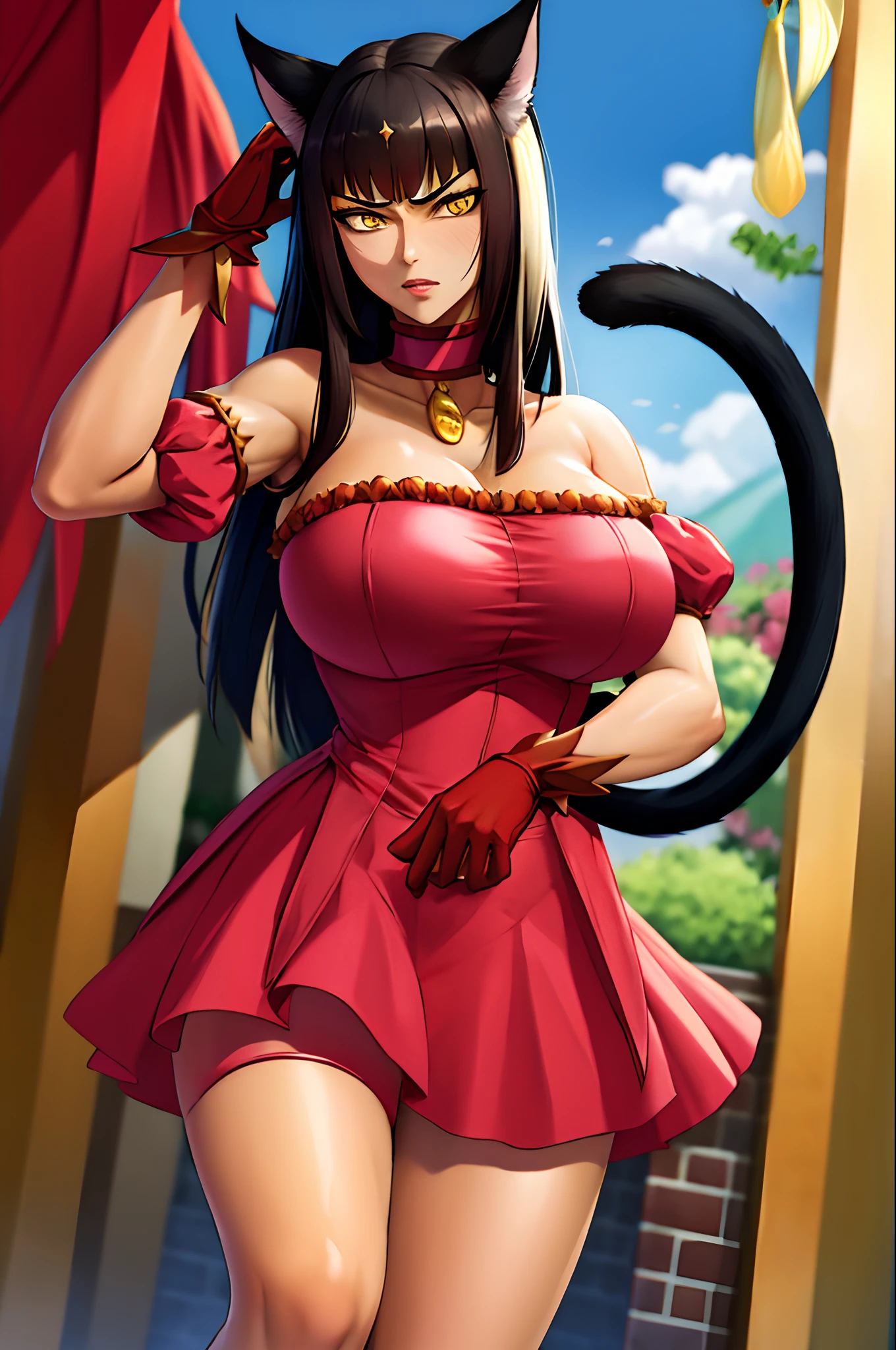 masterpiece, best quality, highres, legend of queen opala, 1girl, osira (character), black hair, Egyptian skin, yellow eyes, blunt bangs, big breasts, annoyed expression, tail ornament, tail bow, gloves, cat tail, jingle bell, red gloves, tail bell, choker, detached sleeves, magical girl, pink dress, strapless, cowboy shot, outdoors, standing