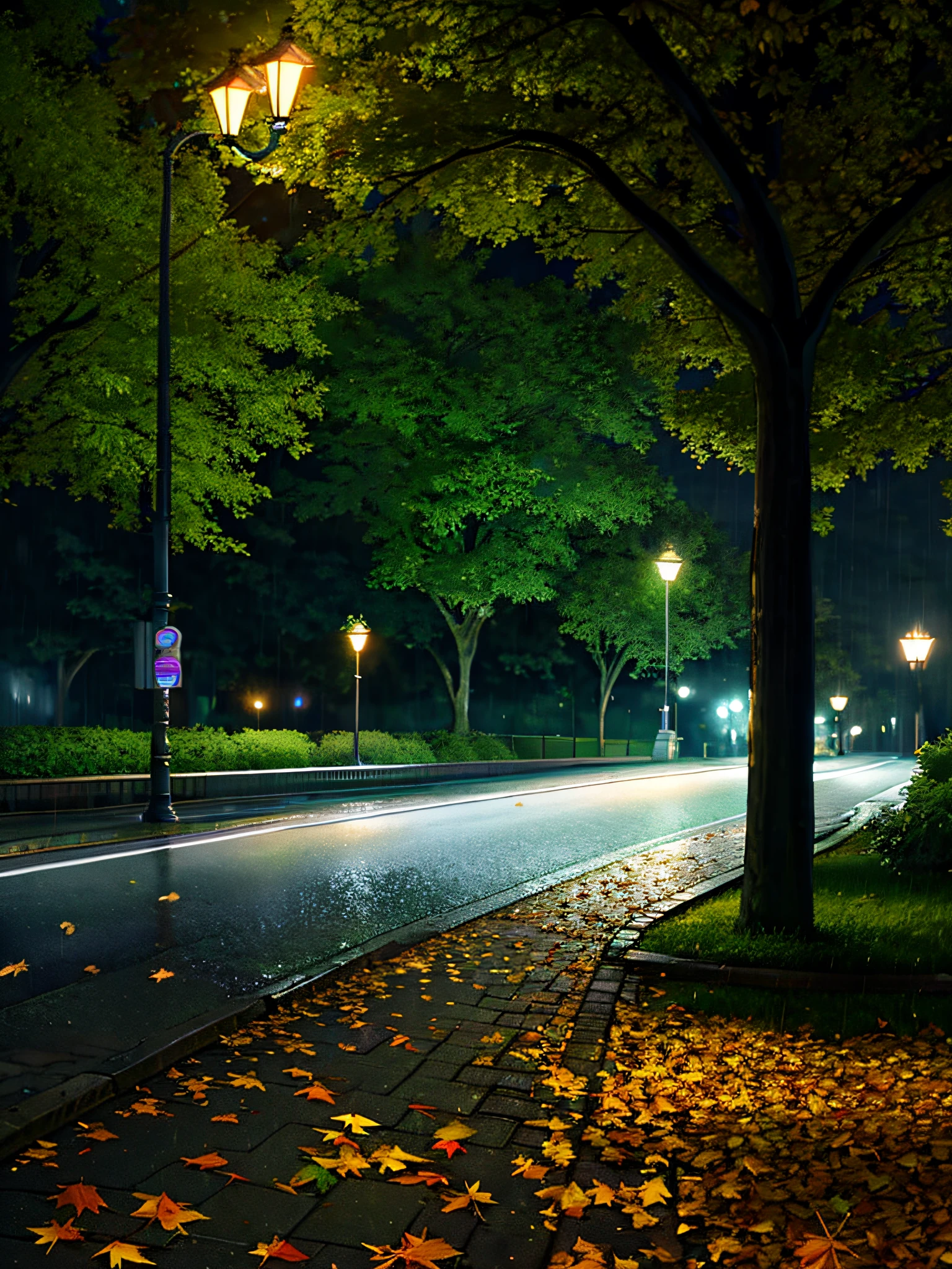 the night，Street lights on the side of the road in the park（（1 street light）），little bit of raining，falling leaf，the detail，Realiy，realisticlying，Stand under a tree to shoot