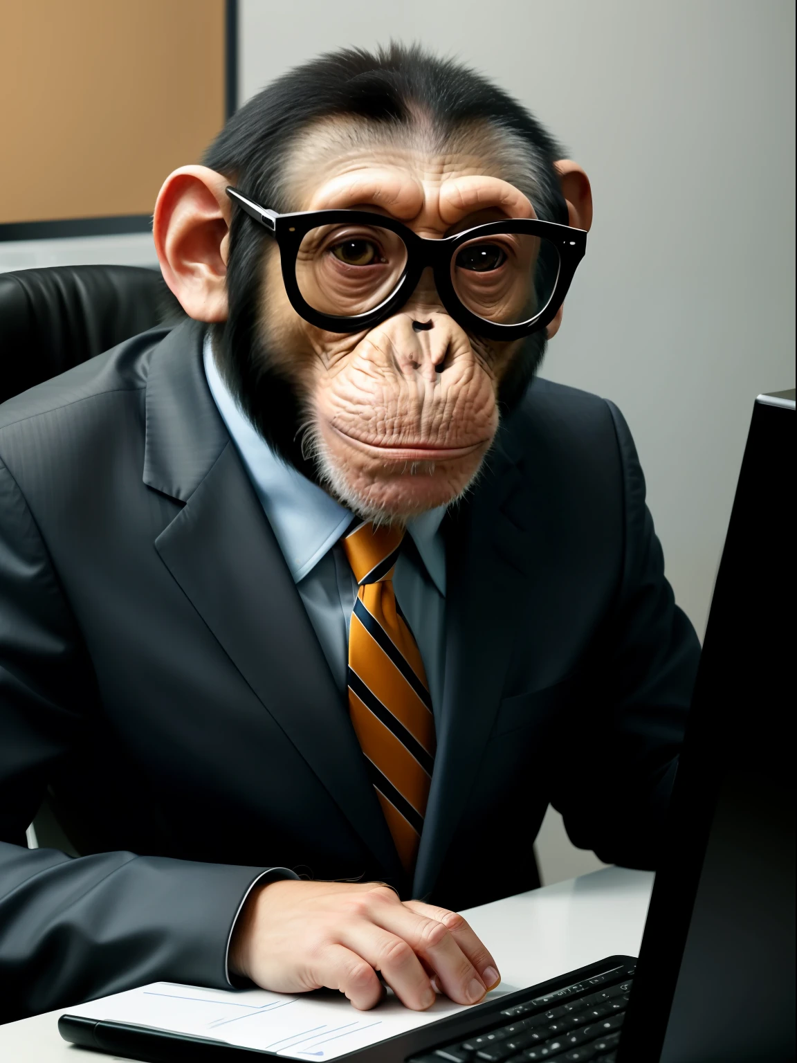 chimp,Not human,dressed in a suit,With a tie,Wearing glasses,Sit in front of a computer and type,Keep your eyes on the computer screen,The background is a crowded office,Side lens,Rich in detail