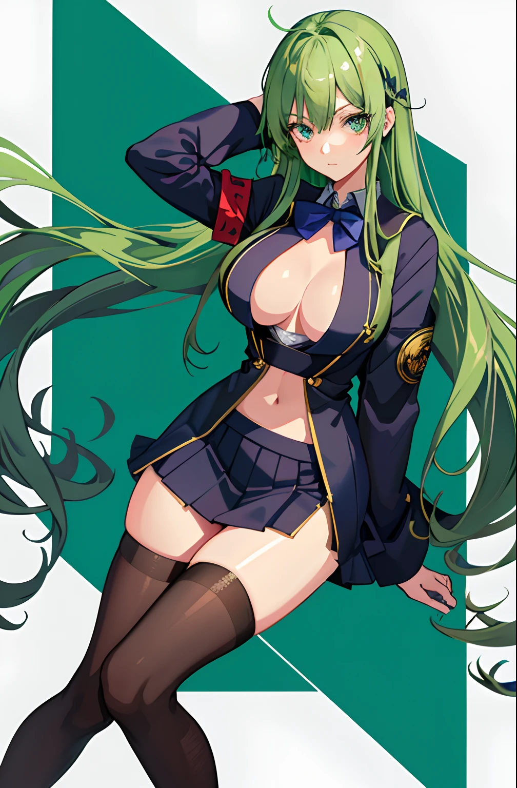 Kizi， highr， high school senior，pupils，Green hair，Green hair color，Bluish cast， Open chest and breasts，Blue_and_Green hair， Detailed beautiful eyes，navy blue eyes， evilsmile， medium boob， Open navel，Bigchest ，Big breasts Thin waist，teens girl，Tsundere，haughty，medium thigh，Fleshy legs， Long legs，校服， Japan School Uniform，JK school uniform，Long black stockings， Detailed clothes， tmasterpiece,charact，Dejected