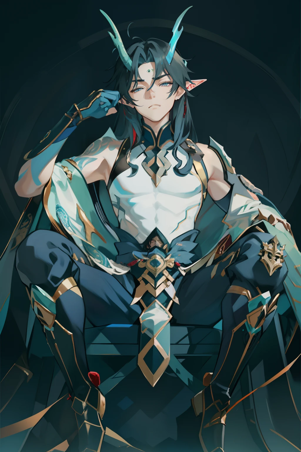 (absurderes,A high resolution,Hyper-detailing,hdr),Dragon's horn,younge boy,tmasterpiece,best qualtiy,1人,独奏,Handsome,Golden eyes,Fine eyes and detailed face,toppless,Tattooed with,arma,seated on a throne,Indifferent and arrogant,Abs,chest muscle,Raised sexy,Ruffian,Show your temperament,Male,masculine appeal,Male characteristics are distinct,Long messy hair,Arrogant self-confidence,Sitting majestically on the throne,Legs crossed,white pantie,supreme,Close your eyes and think,Lazy