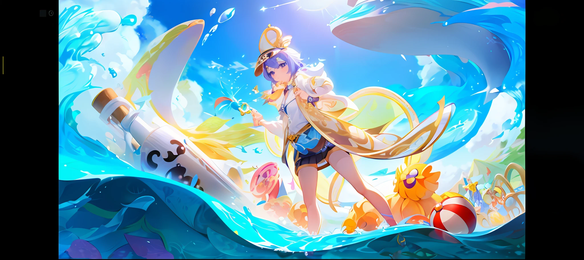 Anime girl with sword and fish in blue ocean, anime land of the lustrous, Splash art anime , Anime fantasy illustration, dreamy psychedelic anime, Official artwork, Anime art wallpaper 8 K, wallpaper anime blue water, Guviz-style artwork, Anime fantasy artwork, high detailed official artwork, style of anime4 K, An anime cover