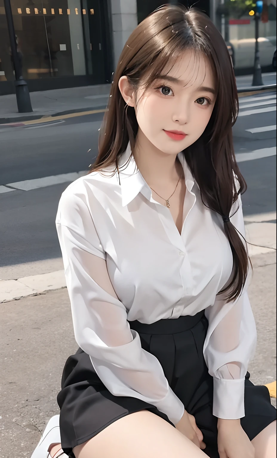 ulzang-6500-v1.1,(RAW photo:1.2), (Photorealistic:1.4), Beautiful Meticulous Girl, very detailed eyes and faces, Beautiful detailed eyes, absurderes, unbelievable Ridiculous, hugefilesize, ultra - detailed, A high resolution, The is very detailed,best qualtiy,tmasterpiece,((Stylish clothing in a variety of colors)),illustratio,The is very detailed,CG,unified,8k 壁纸,Amazing Cleavage,finely detailled,tmasterpiece,best qualtiy,The is very detailed的 CG unified 8k 壁纸,light in face,cinmatic lighting, 1girll, high school senior,,Long white hair,lateral division,(huge tit),((pantyless)),(wears glasses),(((kneeling to sitting on the ground))),(((sexyposture))),(Camel toes),(full bodyesbian),((Black silk jumpsuit for the lower body)),(((The upper body is covered in a white shirt school uniform and the chest contour can be seen))),Exposed cleavage,ssmile,duck sitting,Hand on chest,Show on the