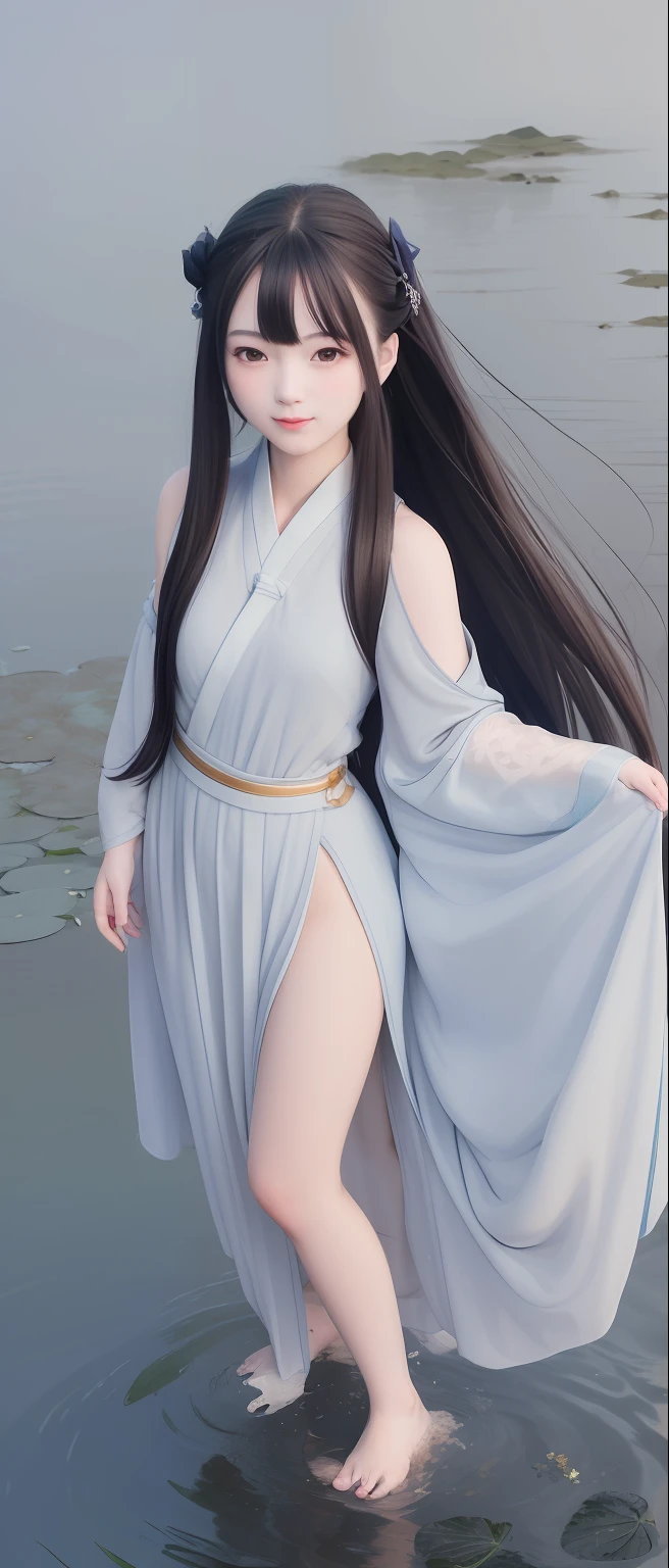 ((4k,masterpiece,best quality)), shuimobysim, traditional chinese ink painting, lotus, hanfu, maxiskit, dress conservatively 1girl, solo, long blue hair, smile, standing, feet in the water, barefoot,