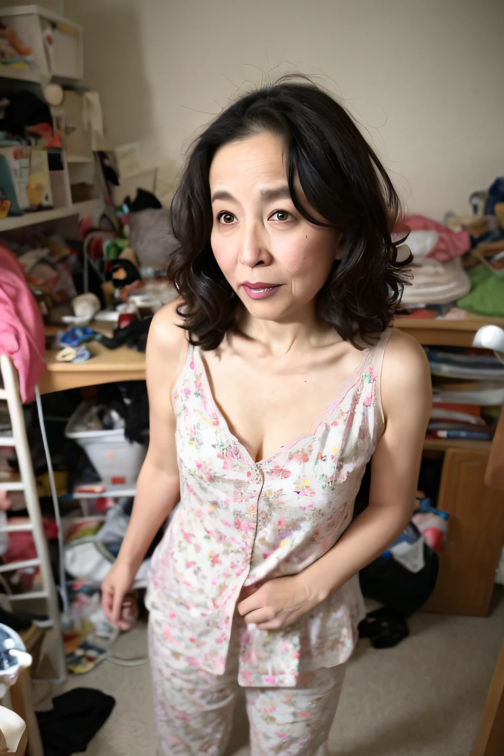 （best qualtiy，8k，tmasterpiece：1.3），Clear focus，high qulity，A high resolution，Portrait solo，42-year-old middle-aged beauty，Wavy curly hair，Wear a bra and pajama pants，Wrinkles at the corners of the eyes，The whole body is expressionless，Located in a messy room。