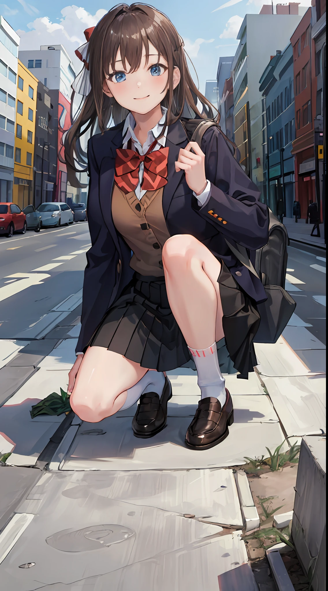 1girl, Two legs, Two hands, Bigger than the building, Masterpiece, Best quality, 1girl, Solo, Skirt, Outdoors, Jacket, crouched, Socks, shoes, school uniform, Loafer shoes, Blazer, Brown hair, Black socks, Long sleeves, bangs, Open clothes, Open jacket, bow, Blue eyes, Pleated skirt, neck bowtie, day, Long hair, full body, Bush, Red bow, shirt, Closed mouth, sleeves past wrists, Backpack, red bowtie, Black jacket, bookbag, Blush, Brown skirt, Looks to the ground, Collared shirt, Light smile, Naughty, Anatomically correct, Textured skin, GTSCity, Destroyed buildings, City model,