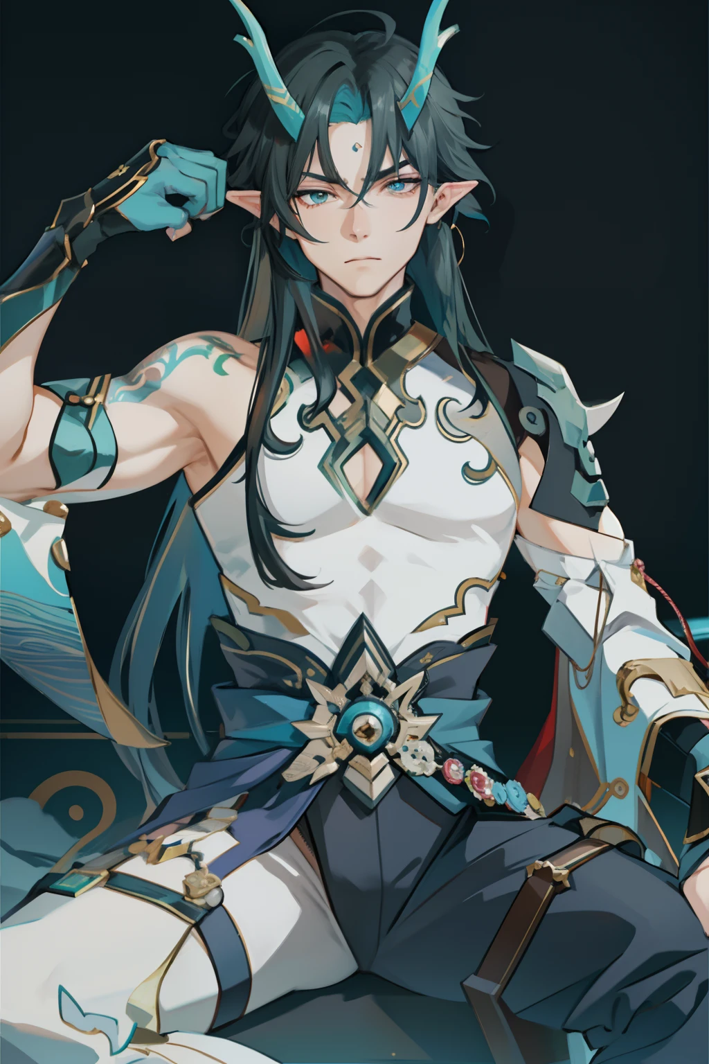 （absurderes，A high resolution，Hyper-detailing，hdr），Dragon's horn，younge boy，tmasterpiece，best qualtiy，1人，独奏，Handsome，Golden eyes，Fine eyes and detailed face，toppless，Tattooed with，arma，seated on a throne，apathy，Arrogant，haughty，Abs，chest muscle，Raised sexy，Ruffian，Show your temperament，Male，masculine appeal，Male characteristics are distinct，Long messy hair，Arrogant self-confidence，Sitting majestically on the throne，Legs crossed，white pantie，supreme，Close your eyes and think，Lazy（Too sleepy，Can't open your eyes，Eyes ajar）（Place one leg on the other）