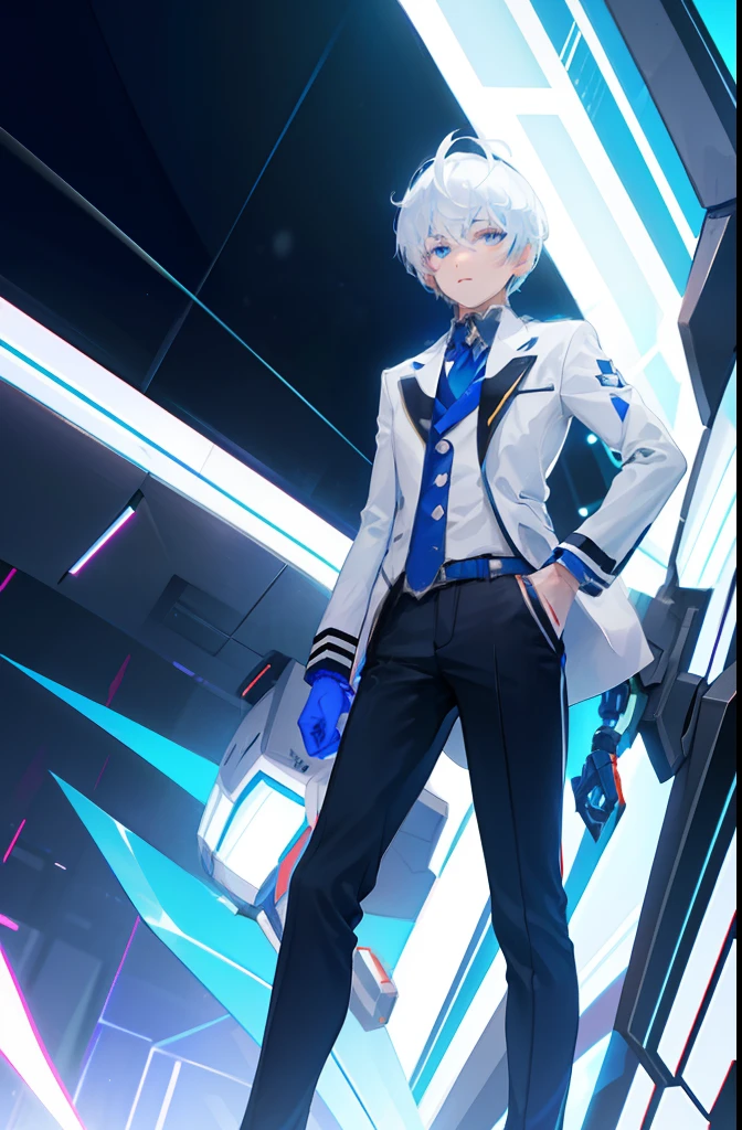 "A stylish and futuristic scene featuring a young boy in a white student uniform. He has striking white hair, silver eyes, and a unique combination of a left blue demon arm and a right robot arm. Inspired by the character Beacon from RWBY."