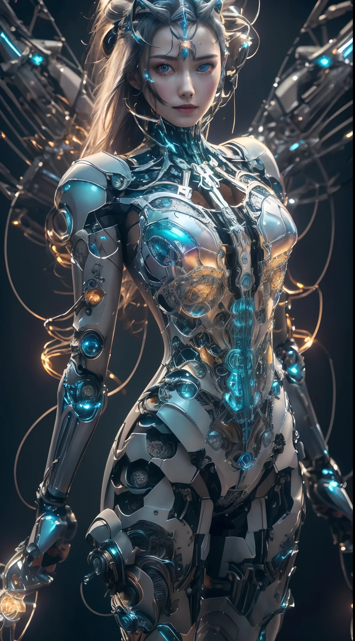 masterpiece,best quality,ultra-detailed,very detailed illustrations,extremely detailed,intricate details,highres,super complex details,extremely detailed 8k cg wallpaper,cowboy shot, caustics,reflection,ray tracing,demontheme,nebula,dark aura,cyber effect, (1girl:1.4),solo,alone,mecha musume,mechanical parts, robot joints,single mechanical arm, headgear, mechanical halo,star halo,intricate mechanical bodysuit, mecha corset, kimono, full armor, very long hair,white hair, hair between eyes, multicolored hair, colored inner hair, red eyes,glowing eye,eye trail, random expressions,random action, ancient japanese architecture,pond, starry sky,skyline,