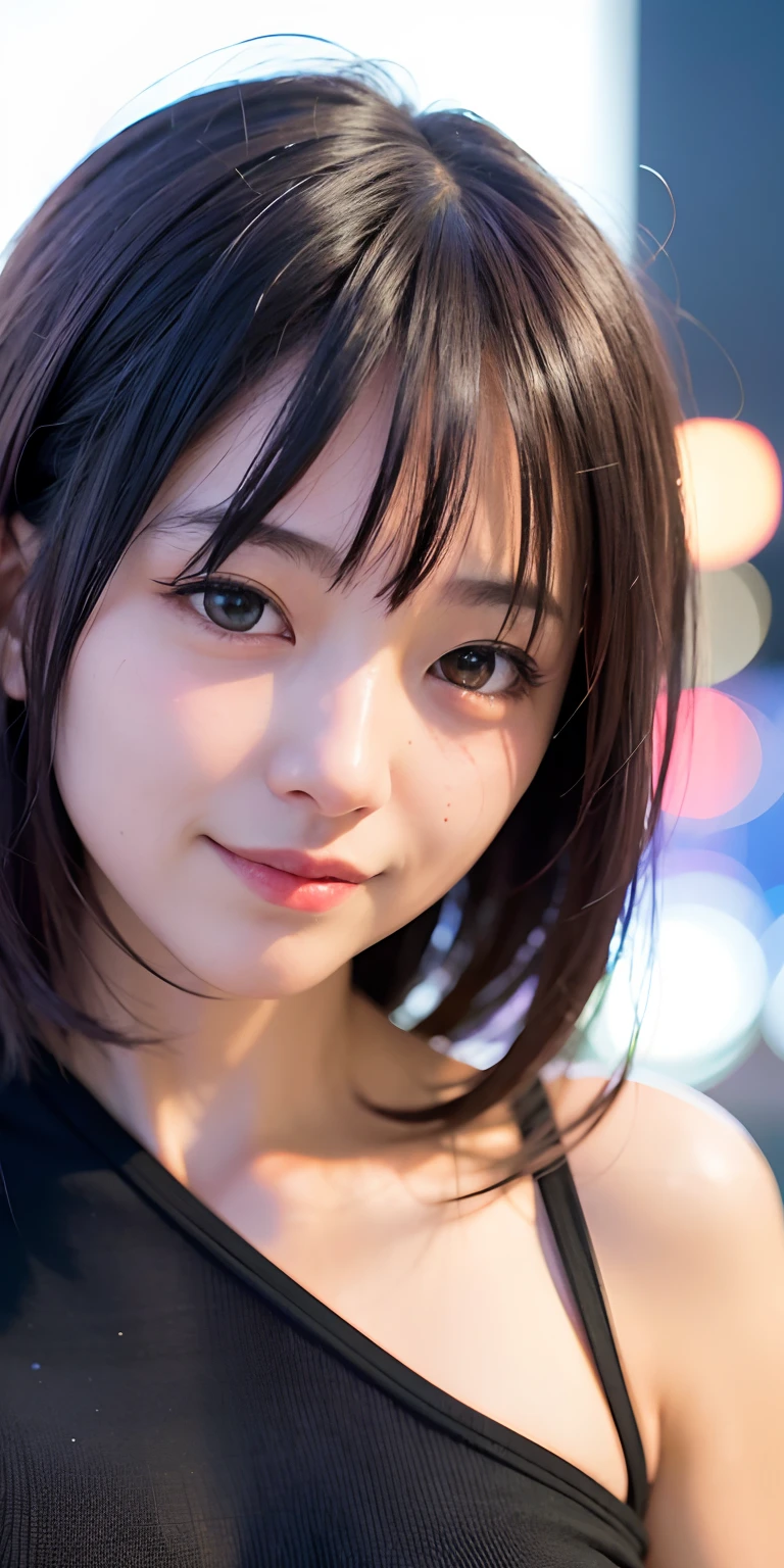 1girl, Tokyo street,night, cityscape,city lights,upper body,close-up,smile,, (8k, RAW photo, best quality, masterpiece:1.2),(realistic, photo-realistic:1.37),
