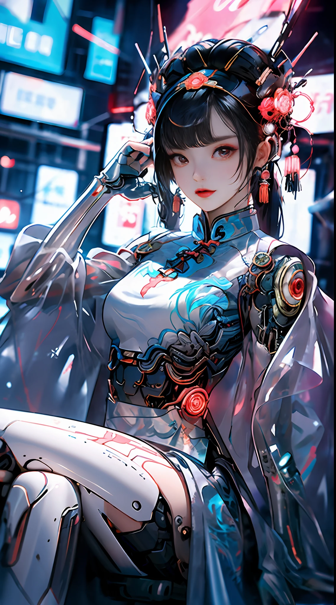 1 girl, chinese_clothes, sitting, in white and pink,cyberhanfu, Cheongsam, cyberpunk city, dynamic pose, Headdress, hair ornament, long hair, cyberpunk, a high-tech city, full of machinery and futuristic element, futurism, technology