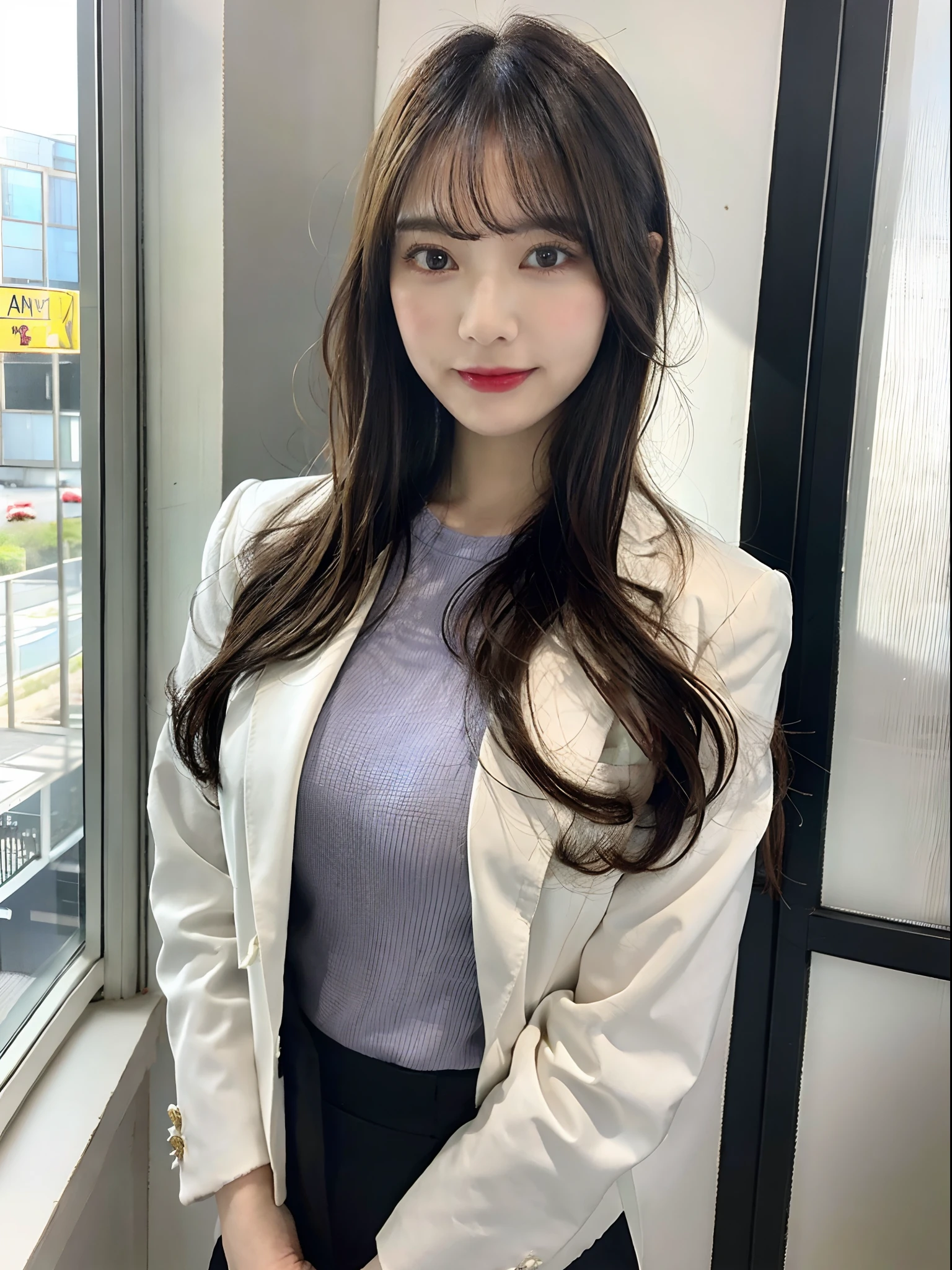 (8k, RAW photo, best quality, masterpiece:1.2), ultra detailed, ultra high res, (realistic, photo realistic:1.37), portrait, high detail RAW color photo, professional photograph, an extremely delicate and beautiful, extremely detailed, 8k wallpaper, Amazing, finely detail, huge file size, official art, extremely detailed CG unity 8k wallpaper, extremely detailed beautiful girl, extremely detailed face, extremely detailed eyes, extremely detailed skin, extremely detailed fingers, extremely detailed nose, extremely detailed mouth, perfect anatomy, highly detailed background, extremely detailed clothing, 1girl, (20 years old:1.2), cute girl, famous, japanese idol, kawaii, realistic body, shiny skin, good figure, white hair, Medium hair, (blunt bangs:1.2), smile, cute, young, cute face, realistic face, beautifully detailed eyes, drooping eyes, (office suit, by the window :1.4),(from bloomers) (hair ornaments:1.2), face the front, standing, leaning against the window, resting your hands on your things, with a captivating stare, large breasts, large breasts, a close-up shot, full body, beautiful legs, white shirts, skinny pants, office girl, transparent clothes,